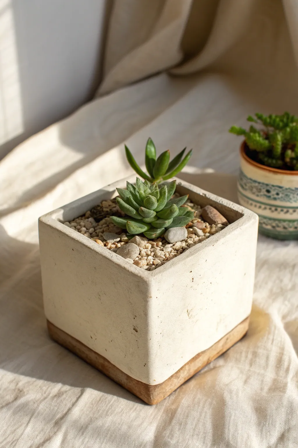 Simple slab planter with clean box sides and a tiny succulent for an easy minimalist clay win