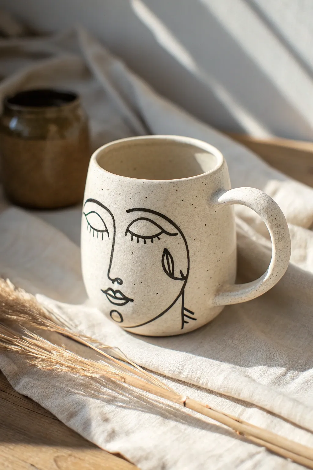 Minimal line-art face mug in creamy matte glaze with a single charcoal line, calm and modern