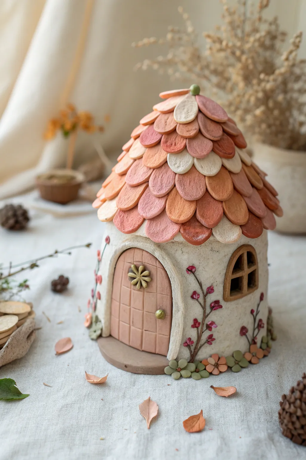 Petal roof fairy hideaway with curling vines, a dreamy minimalist clay garden cottage