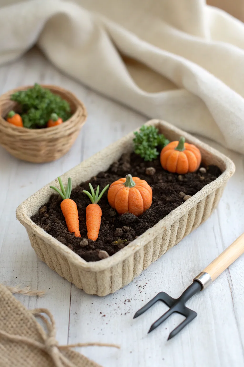 Mini clay veggie patch with tiny carrots, pumpkins, basket and tools for a dreamy fairy garden.