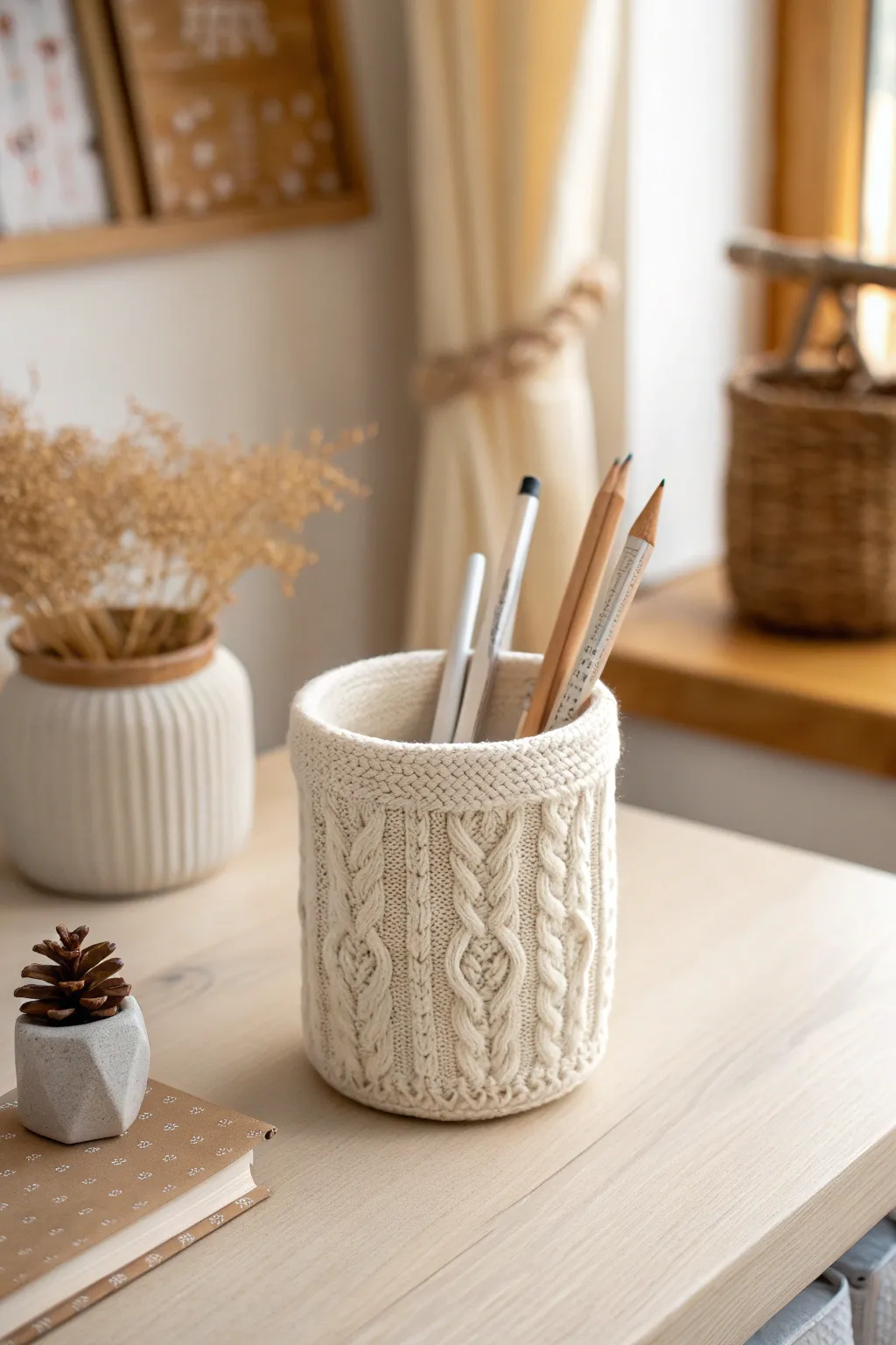 Cozy sweater-texture air dry clay pencil cup in creamy oatmeal for a calm fall desk vibe