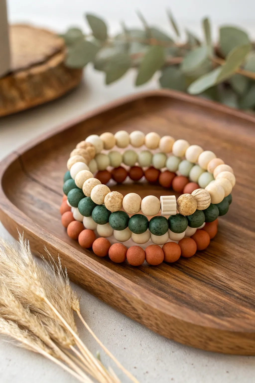 Muted forest green clay bracelet stack on warm wood with dried florals, cozy minimalist fall vibe.