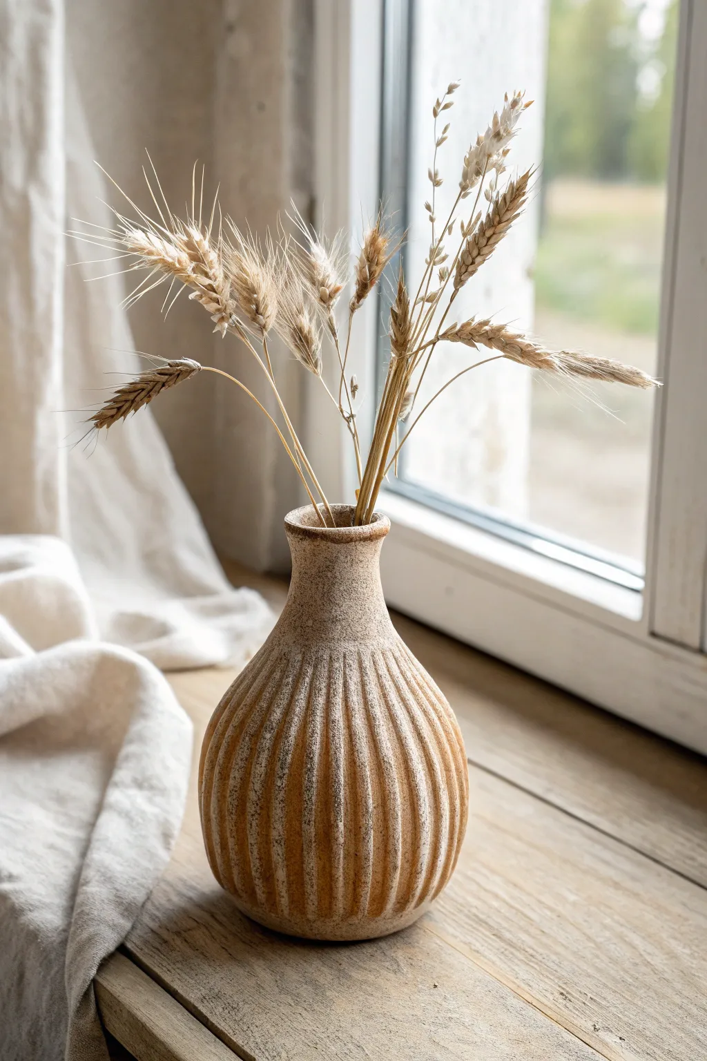 Earthy corn husk-textured bud vase with dried stems for a soft Scandinavian fall look.