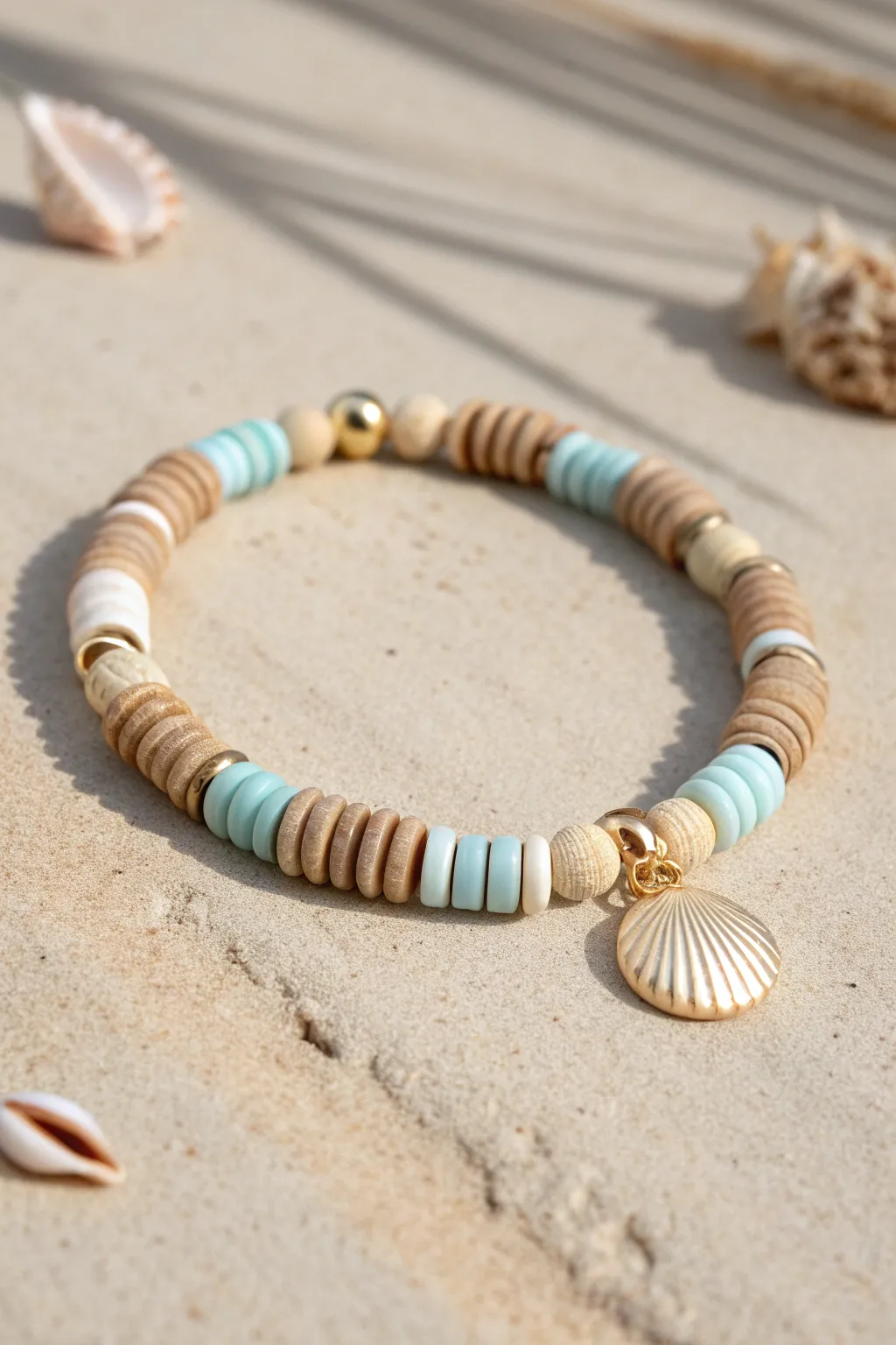 Beachy neutral heishi bracelet with a shell accent, soft sand tones and simple golden spacers