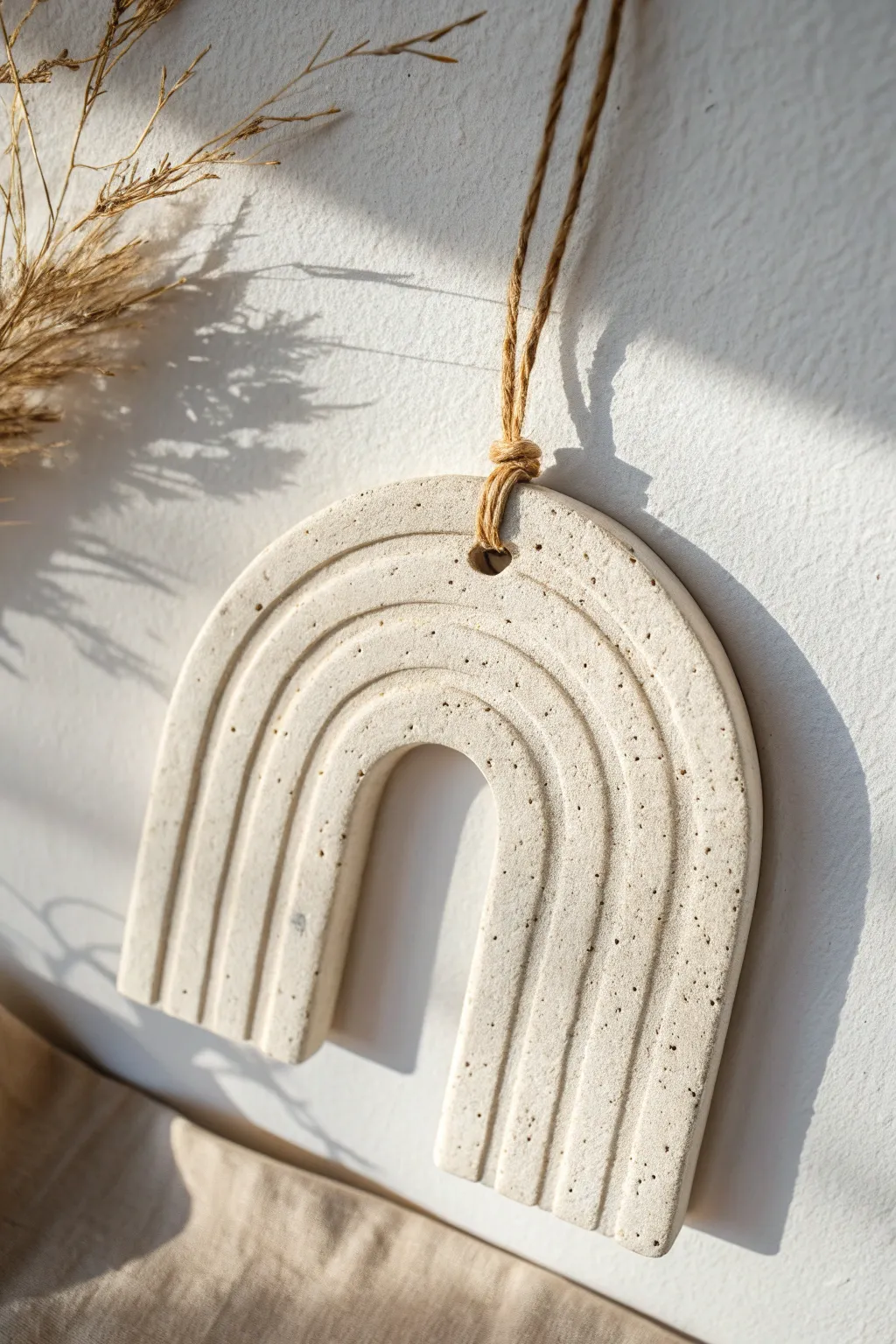 Minimal slab wall hanging with carved lines and jute cord, styled bright and calm