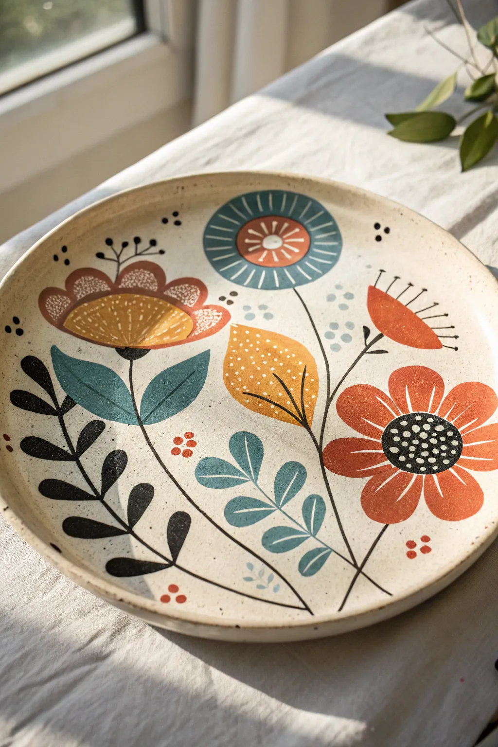 Bold folk flowers in bright blocks turn a simple plate into a cheerful, modern statement piece.