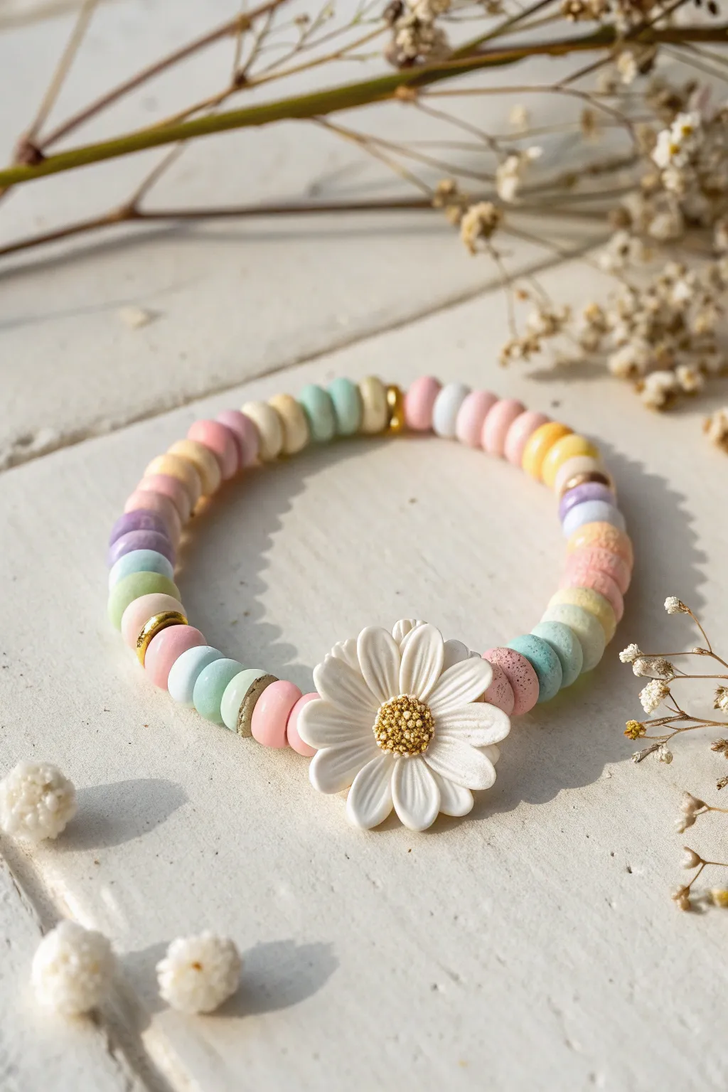 Pastel rainbow clay disc bracelet with crisp white flower bead centerpiece for a dreamy minimal look.
