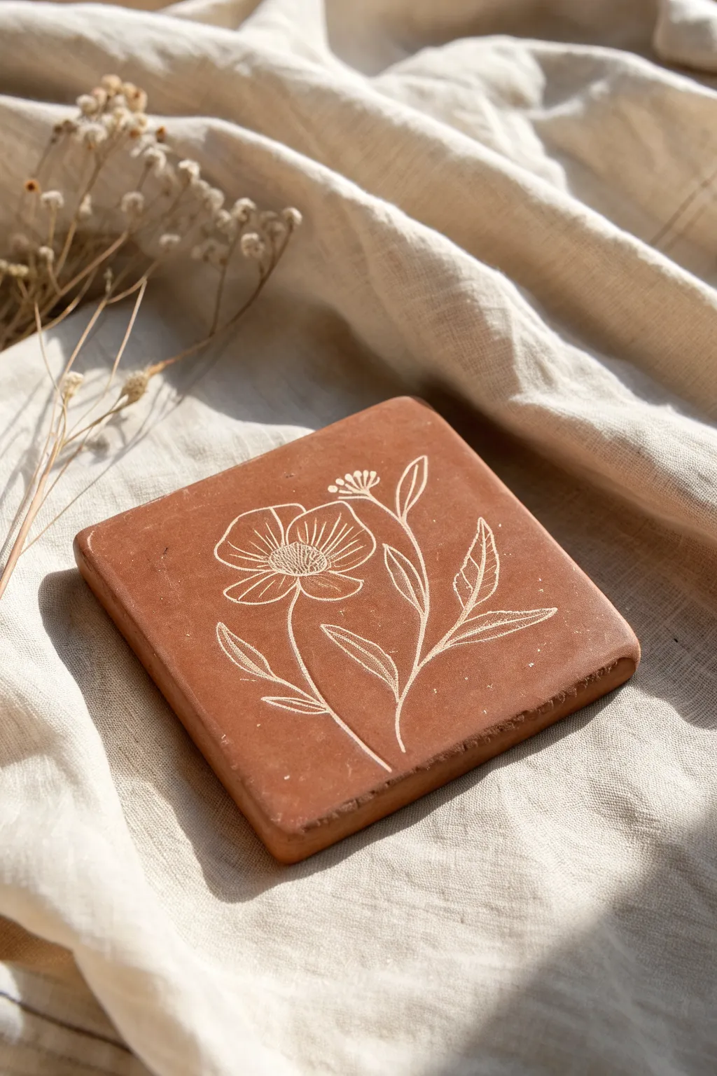 Minimal sgraffito flower tile with clean scratched lines and soft Scandinavian boho styling
