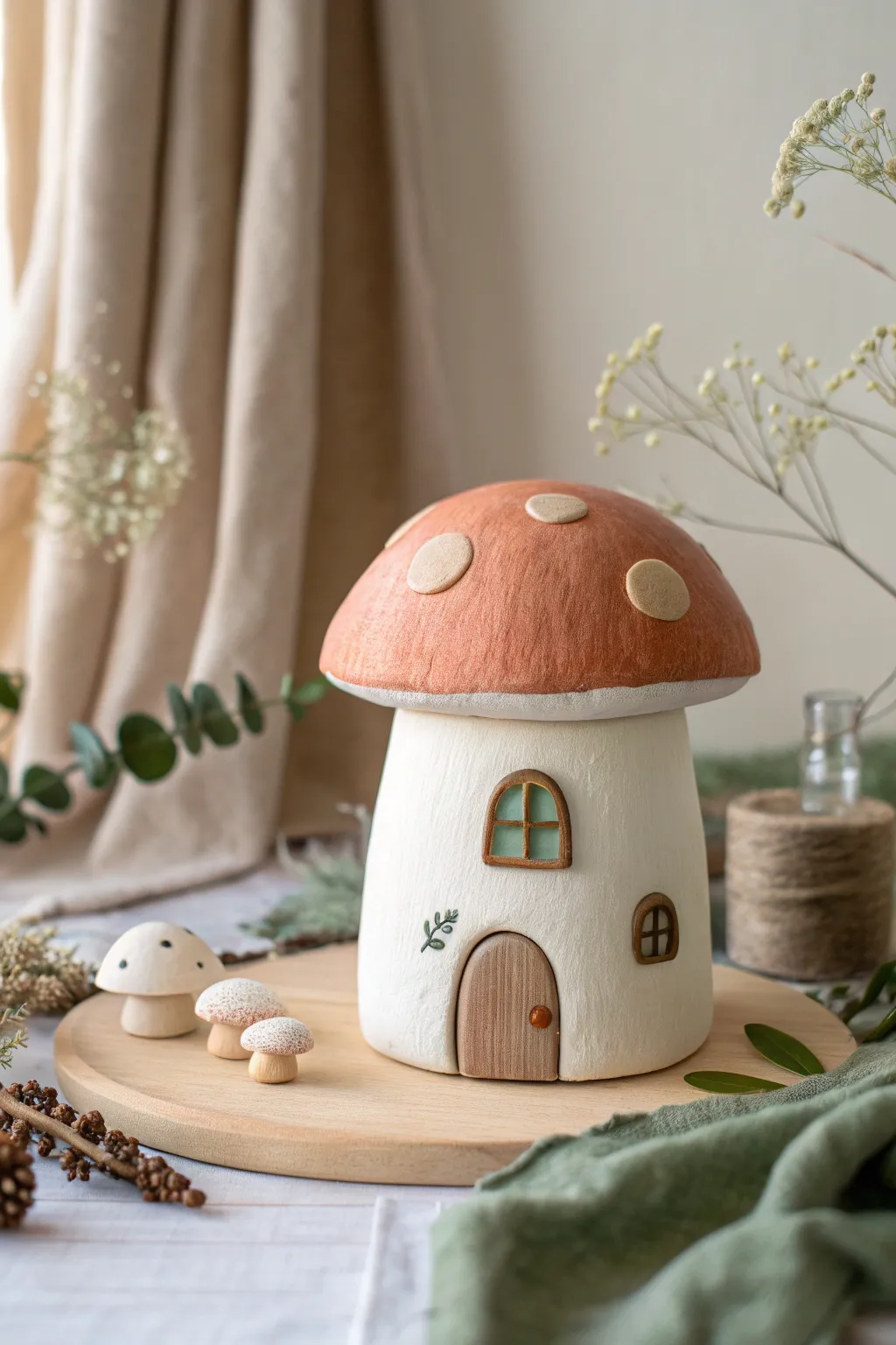 Whimsical foam clay mushroom house mini sculpture in soft pastels, minimalist and airy.