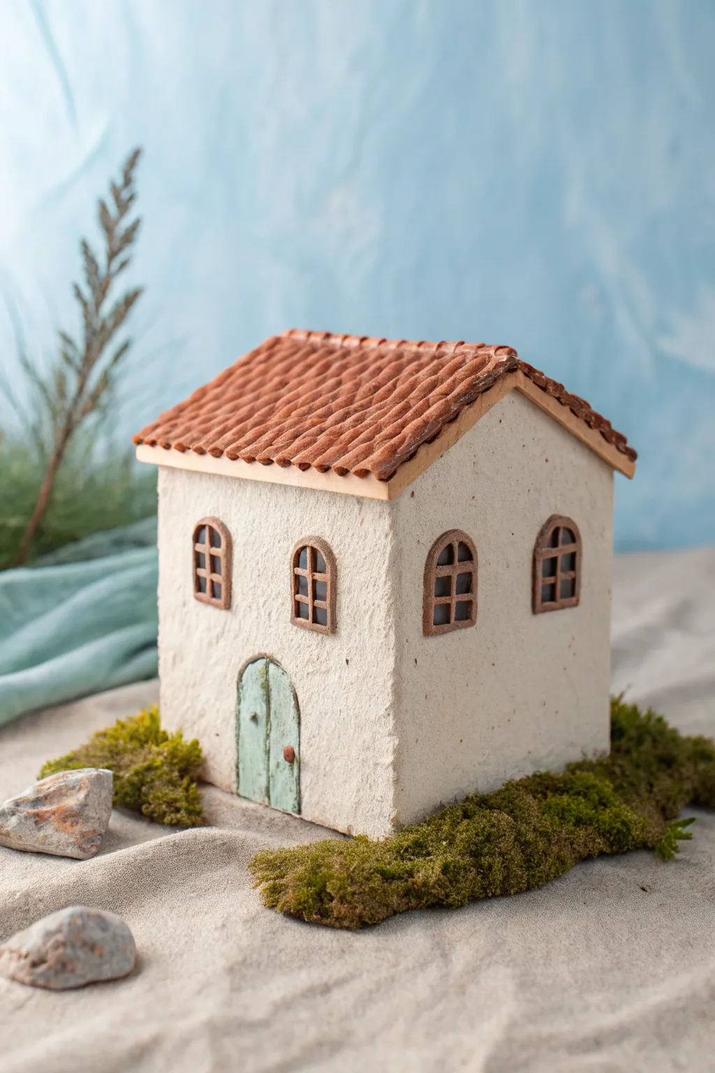Palm-sized foam clay house diorama with cozy texture, soft neutrals, and crisp contrast