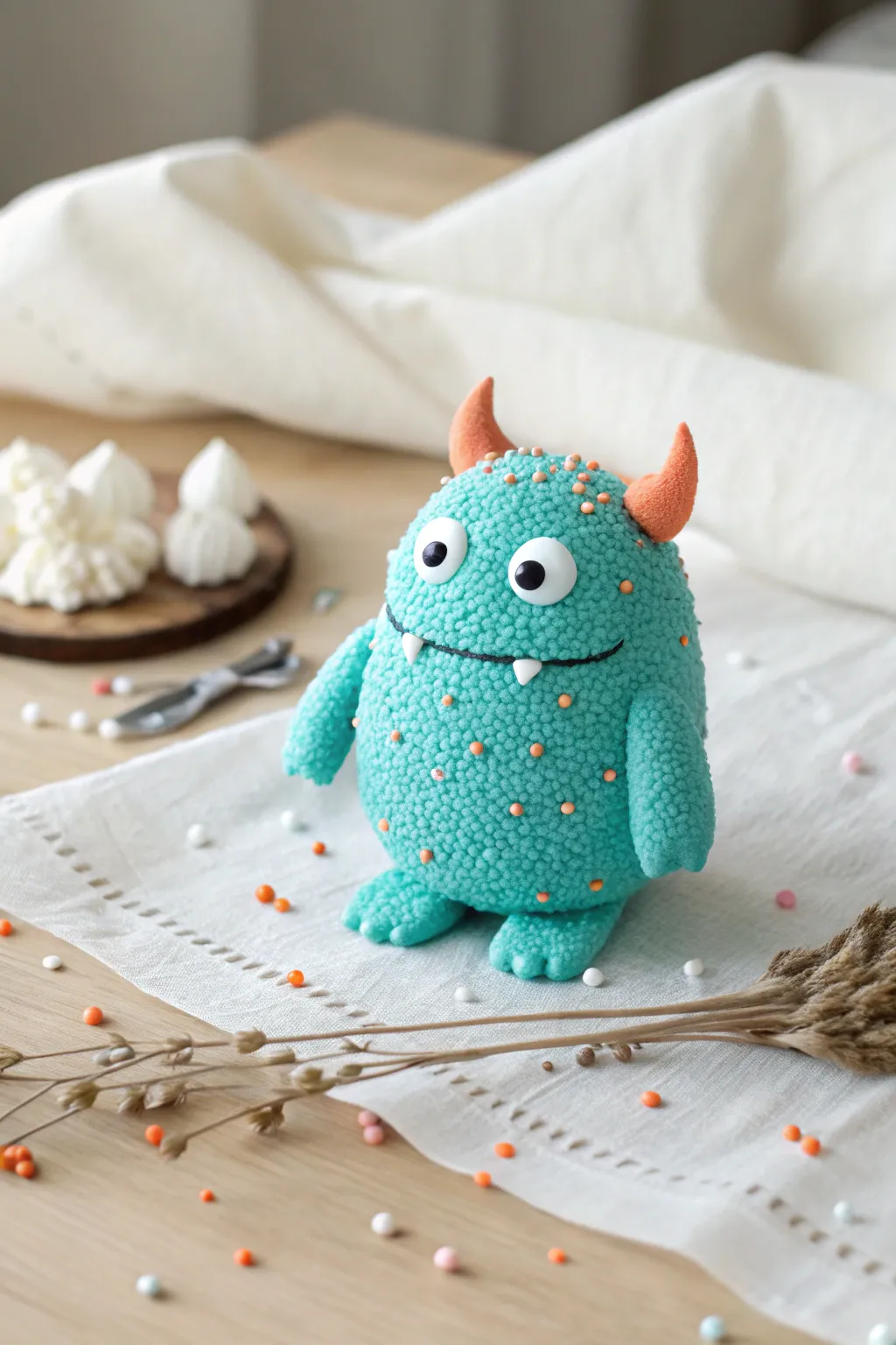 Turquoise floam foam clay monster with bumpy bead texture, styled in a minimalist boho scene