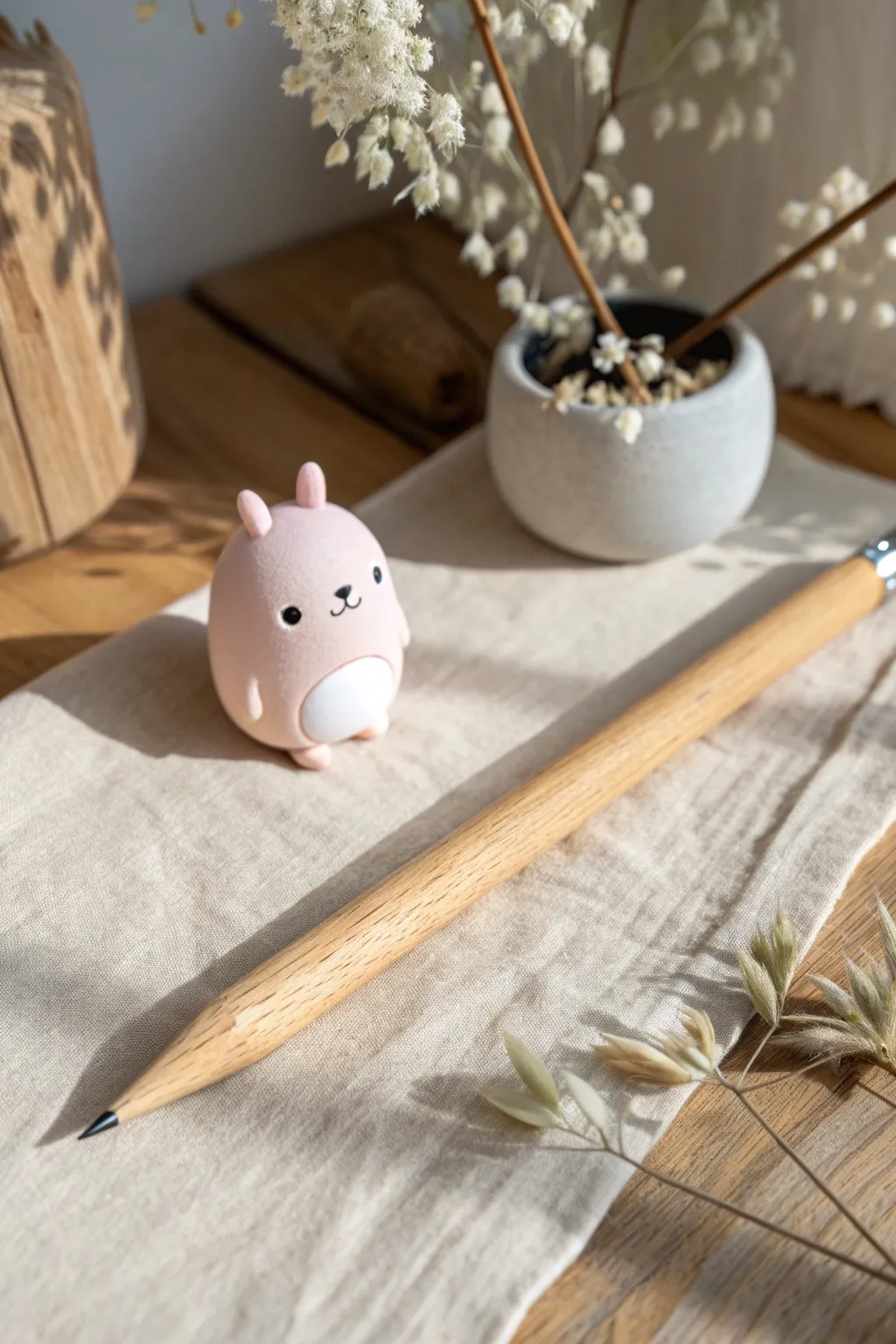 No fuss foam clay pencil topper: chunky pastel character on a plain pencil in calm minimalist style
