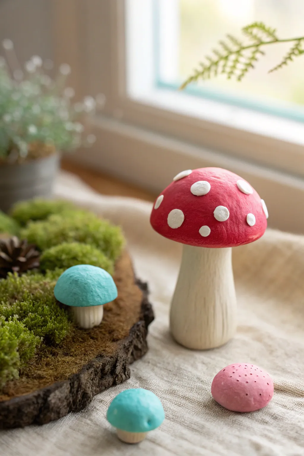 Mini foam clay mushrooms in dreamy fairy-garden colors, a cute kid craft with minimalist charm.
