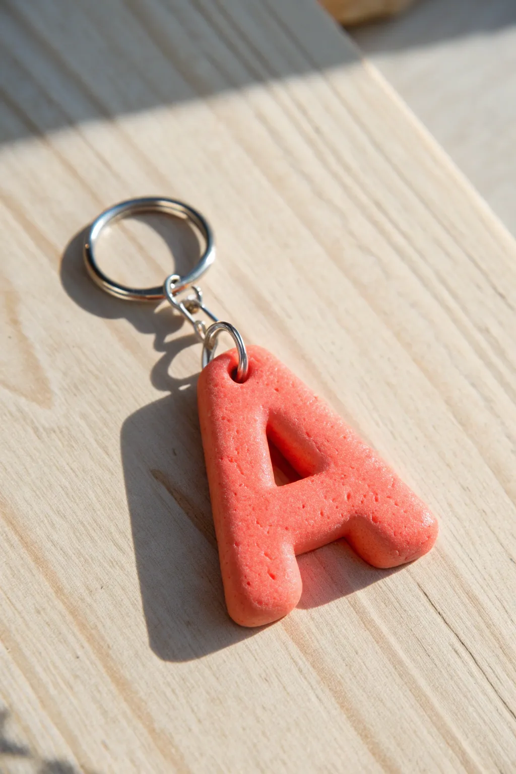 Chunky puff initial keychain in bright coral with a neat metal loop, minimal and handmade