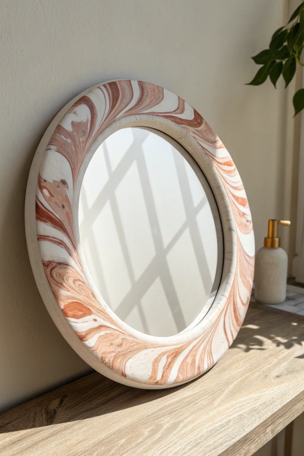 Soft swirled marble foam clay mirror frame in blush, cream, and terracotta for cozy minimal decor