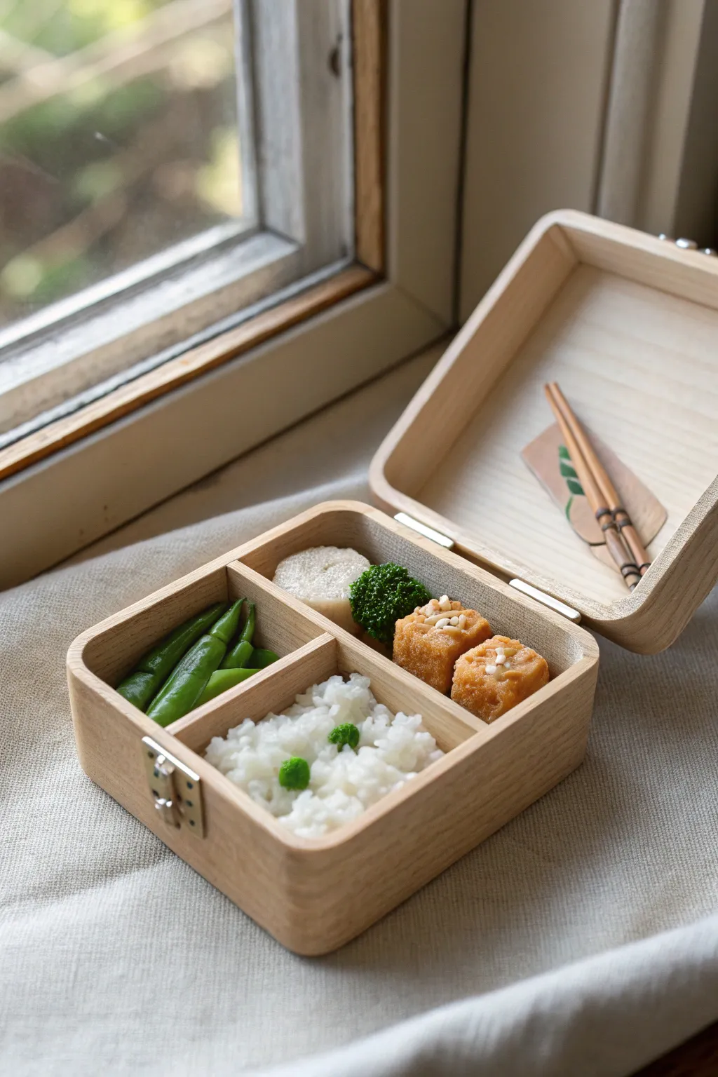 Mini clay bento box diorama with rice, veggies, and a main bite, minimalist and cozy.