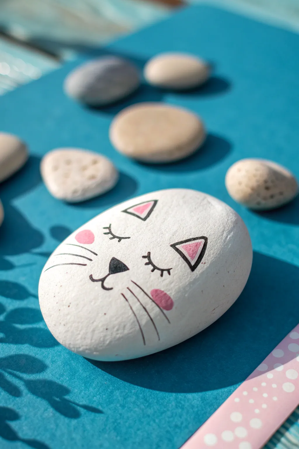 Sweet clay pebble pet for kids: a simple painted cat on bright blue, minimal and cute