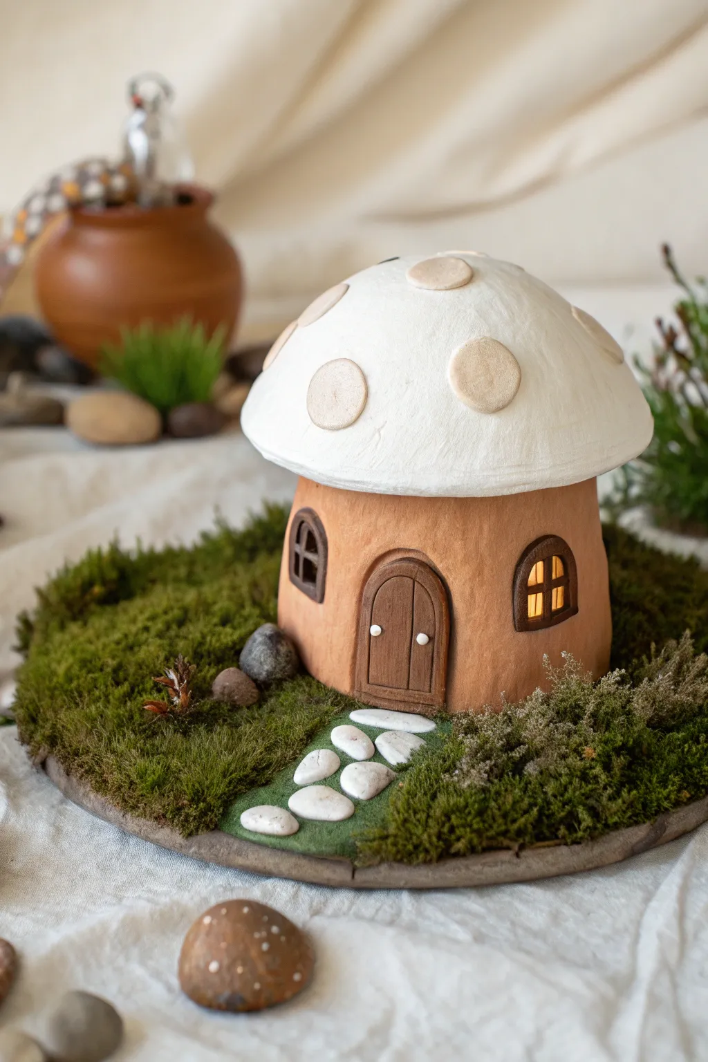 A sweet clay mushroom cottage nestled in moss and stones, minimal and forest inspired.
