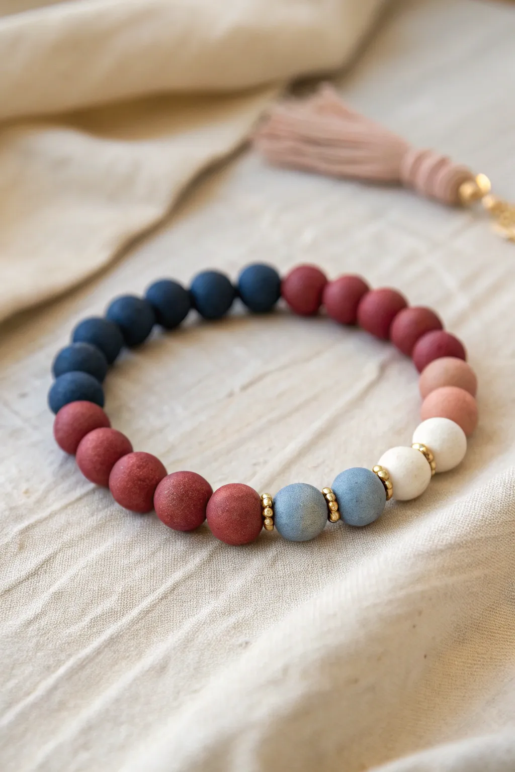 Ombre clay bead bracelet fading from bold red to soft white to deep blue, clean and handmade.
