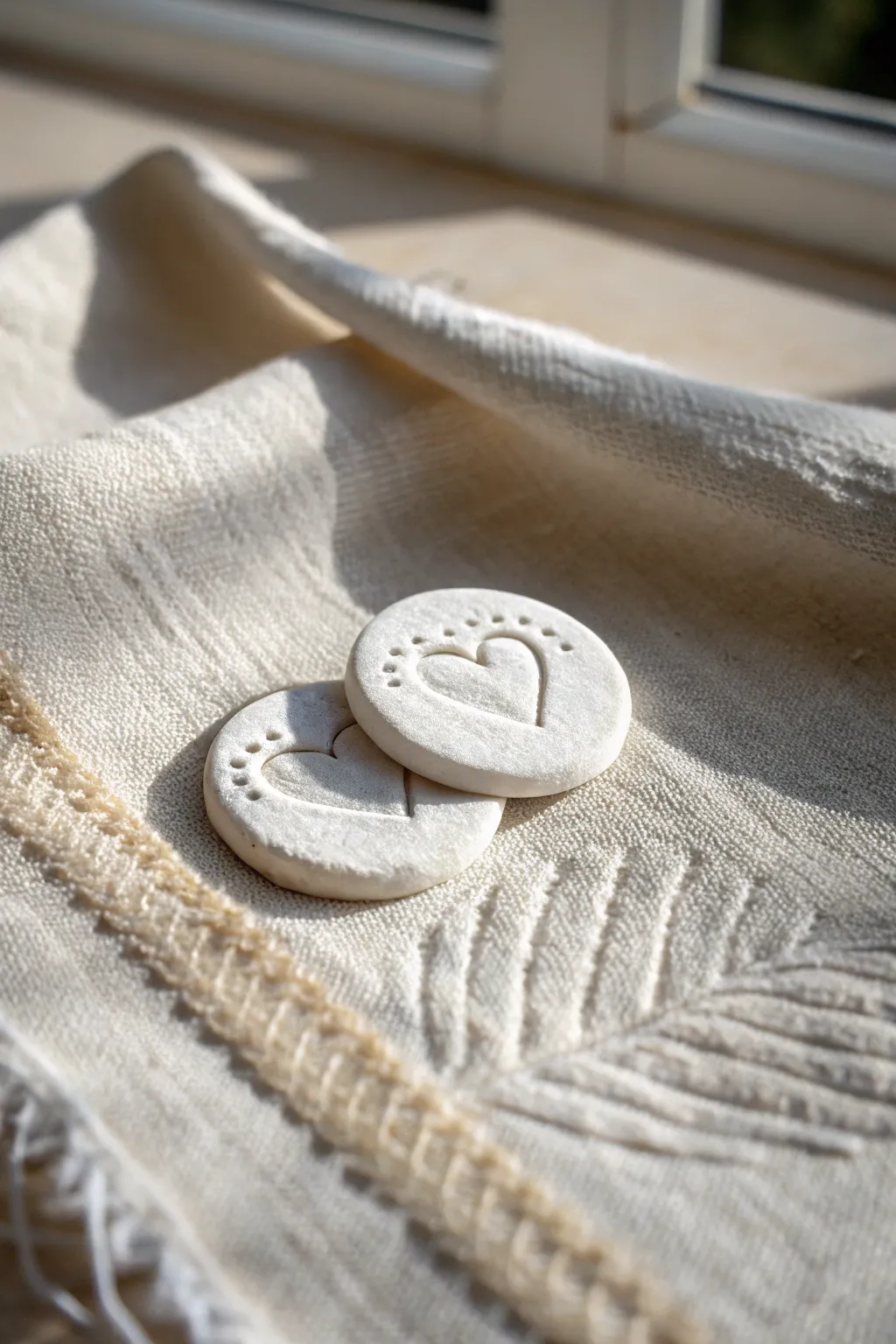 Two fingerprint clay tokens touching edge-to-edge, a minimalist keepsake to celebrate friendship