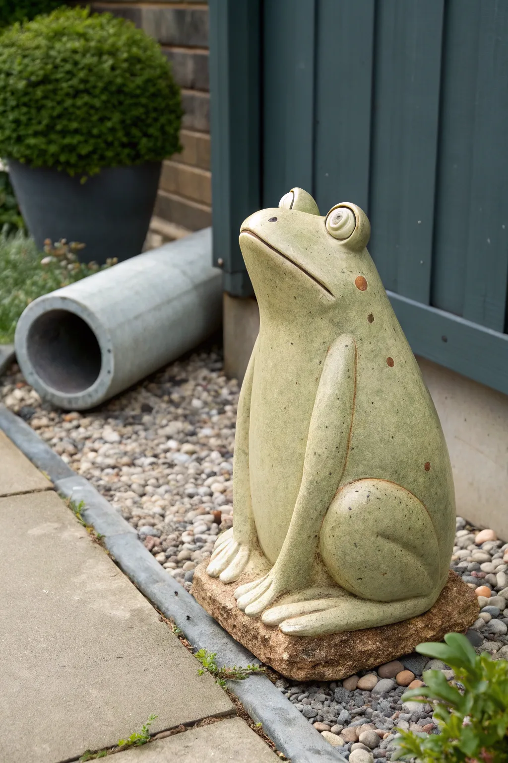 Minimalist ceramic frog guardian by the downspout, matte glaze and bold simple details