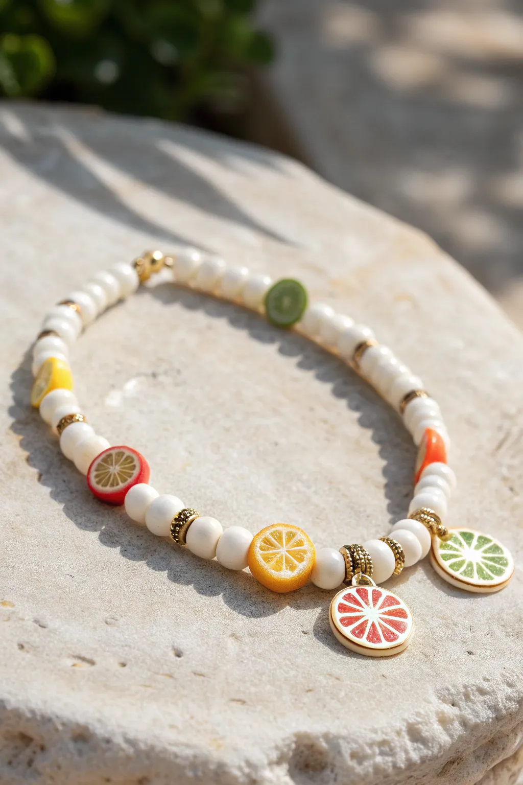 White heishi fruit pops bracelet with bold metallic spacers for a crisp, modern look