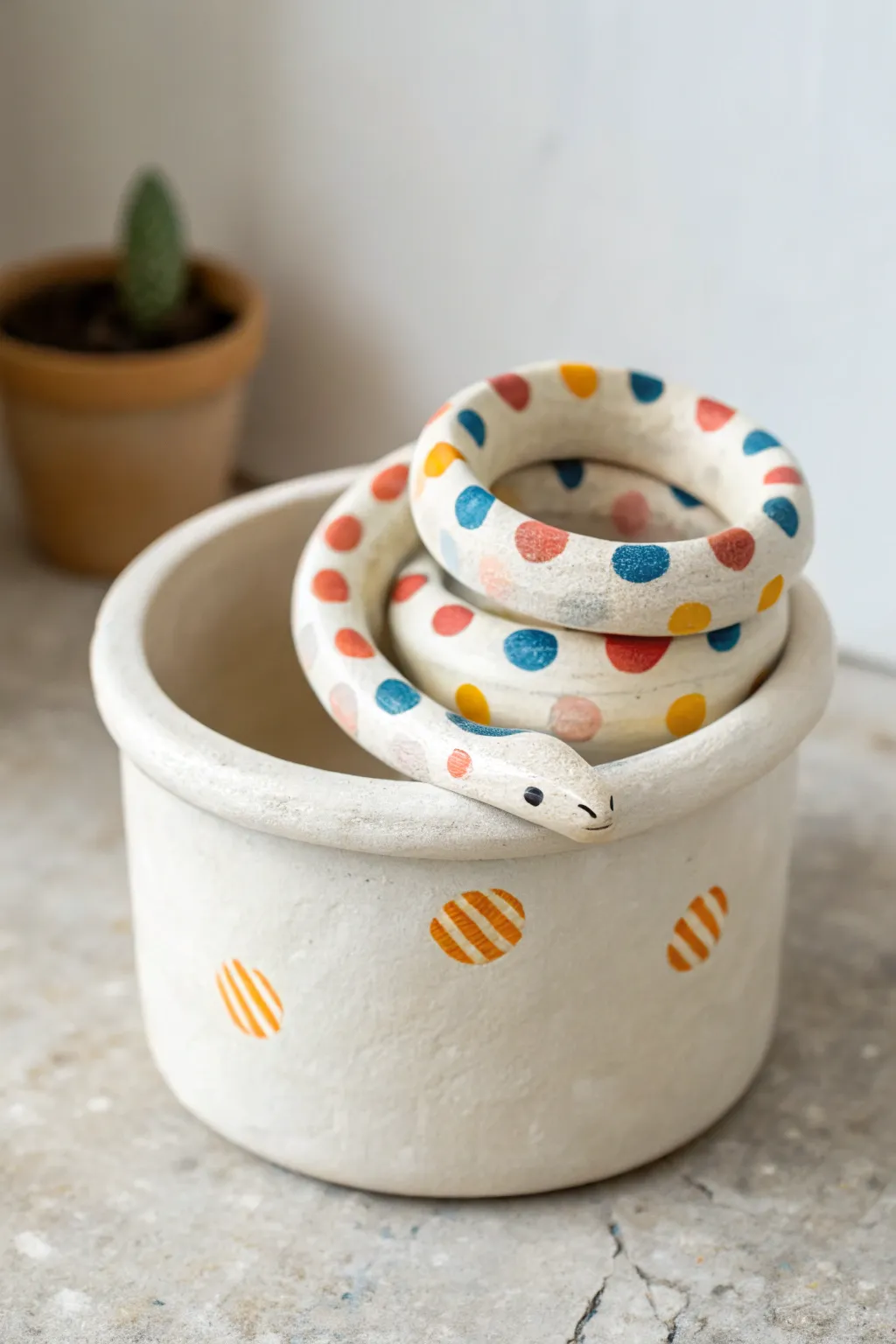 Playful polka dot coil snake hugging a tiny pot, bright and easy kid friendly clay decor