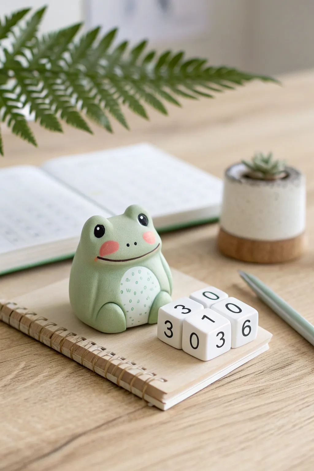 Cute polymer clay frog desk buddy holding minimalist date blocks, cozy Scandi boho vibe.