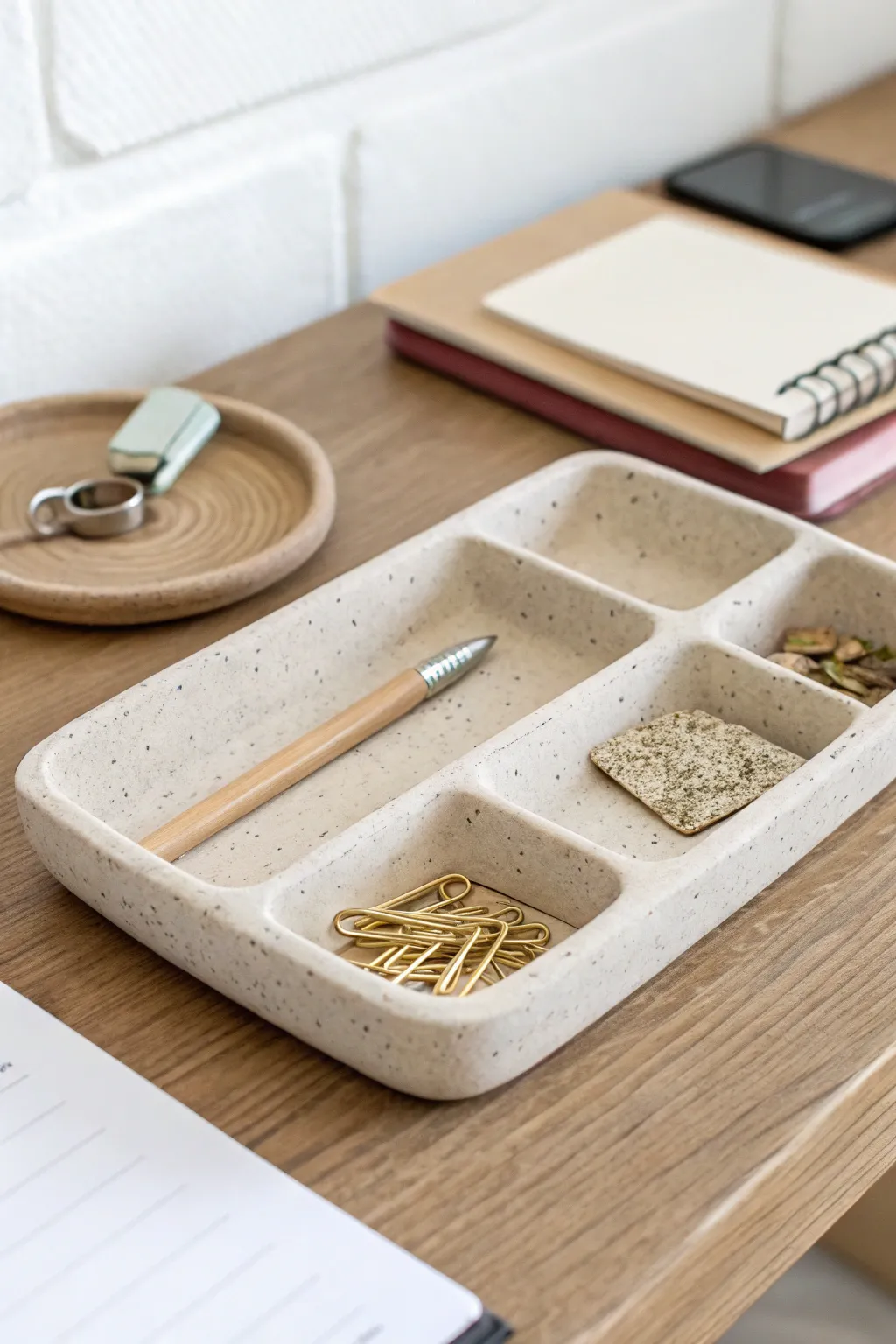Minimal clay desk organizer tray with compartments keeping your workspace calm and tidy.