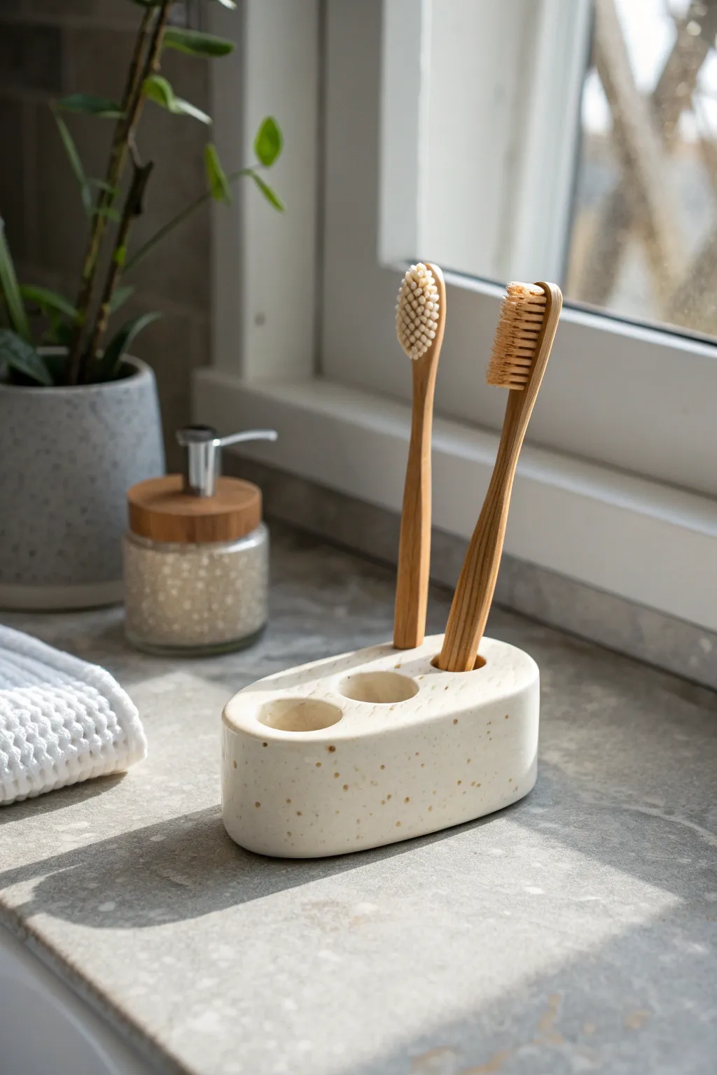 Minimal polymer clay toothbrush stand in soft neutrals, clean lines and calming spa vibes