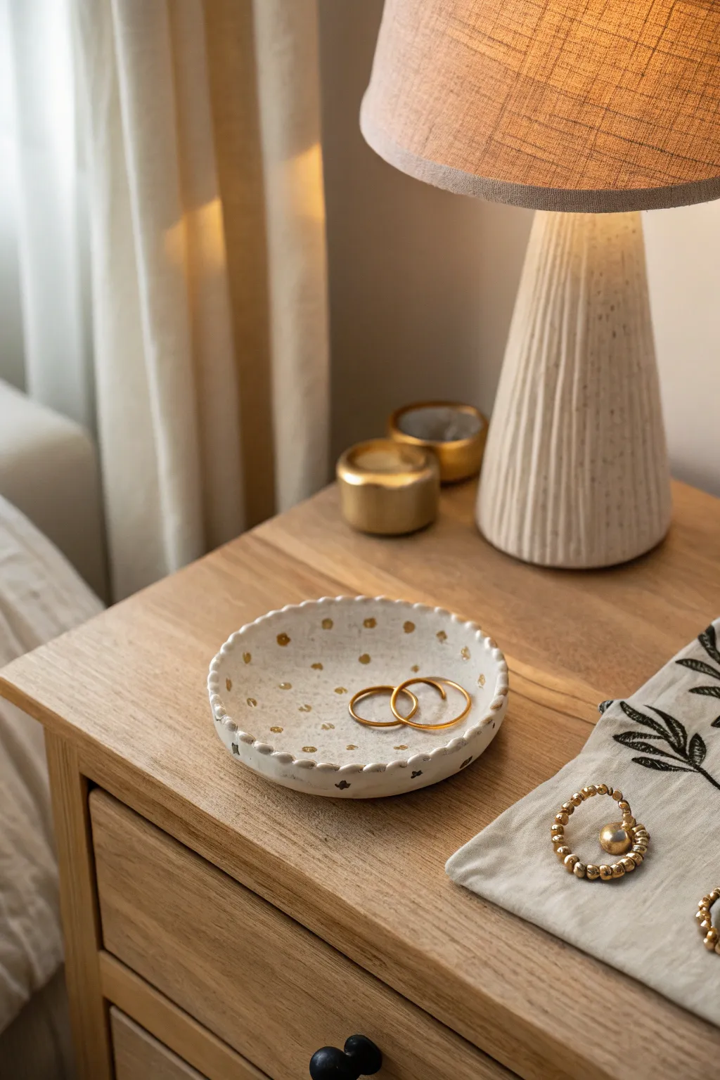 A petite scalloped ring dish keeps nightly jewelry tidy, softly lit on a calm nightstand.