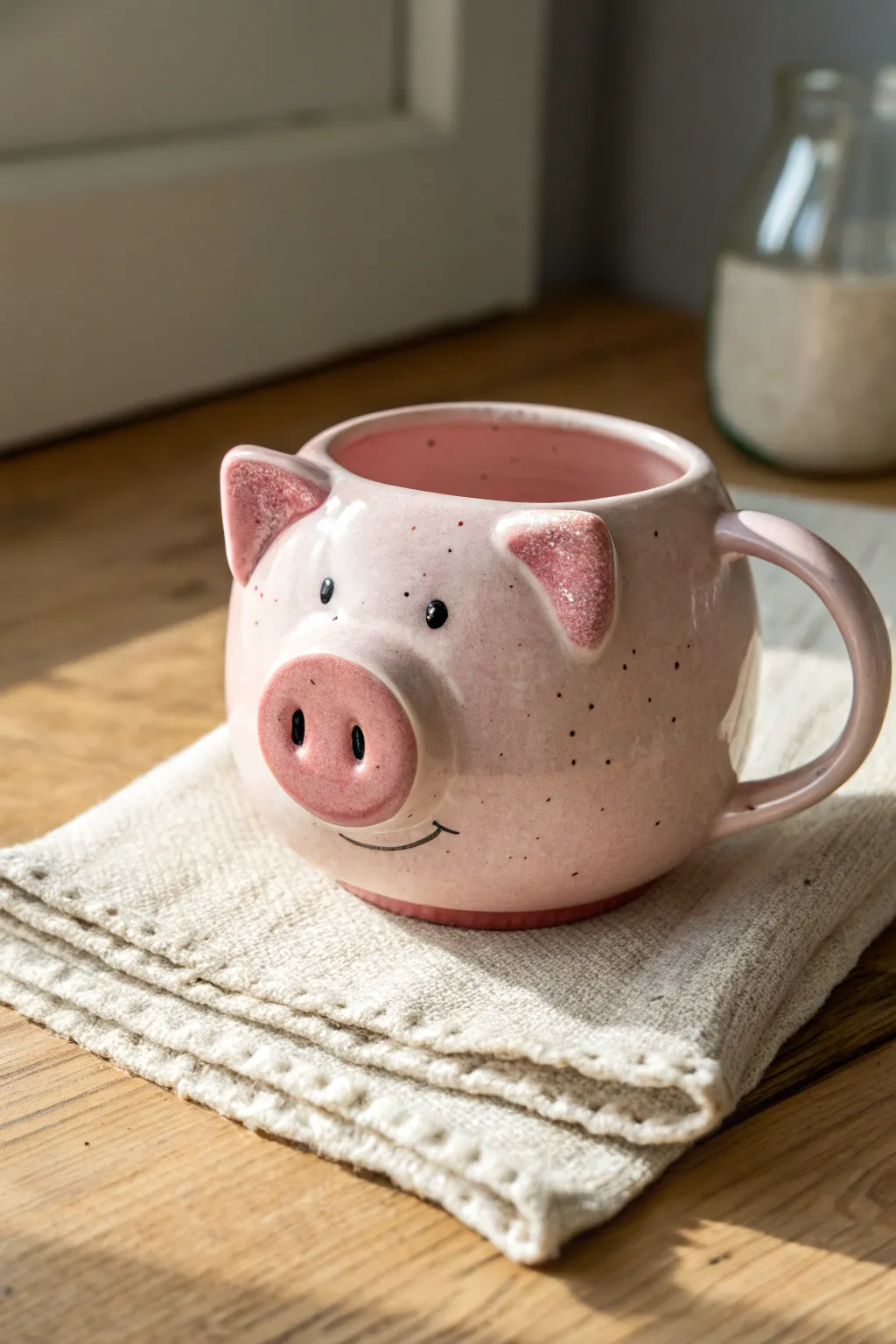 Blush pink pig snout mug with bold nostrils and tiny eyes, minimalist and irresistibly cute.