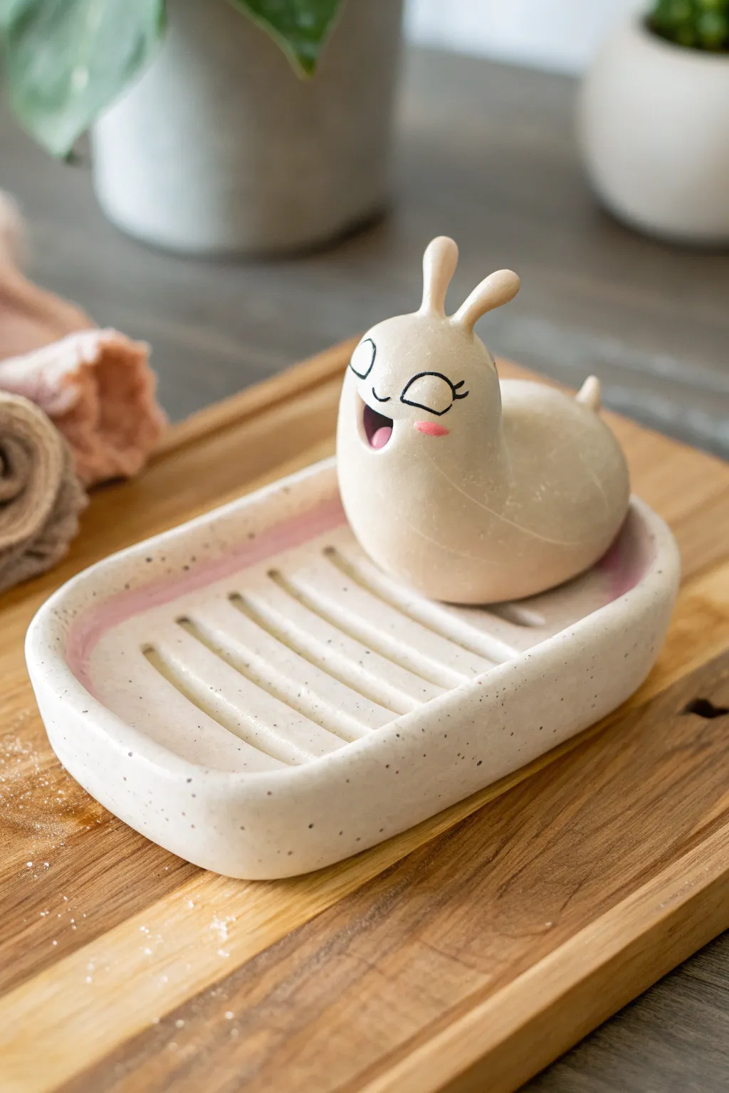 A dramatic screaming slug soap dish in soft neutrals, minimalist, funny, and handmade-cute.