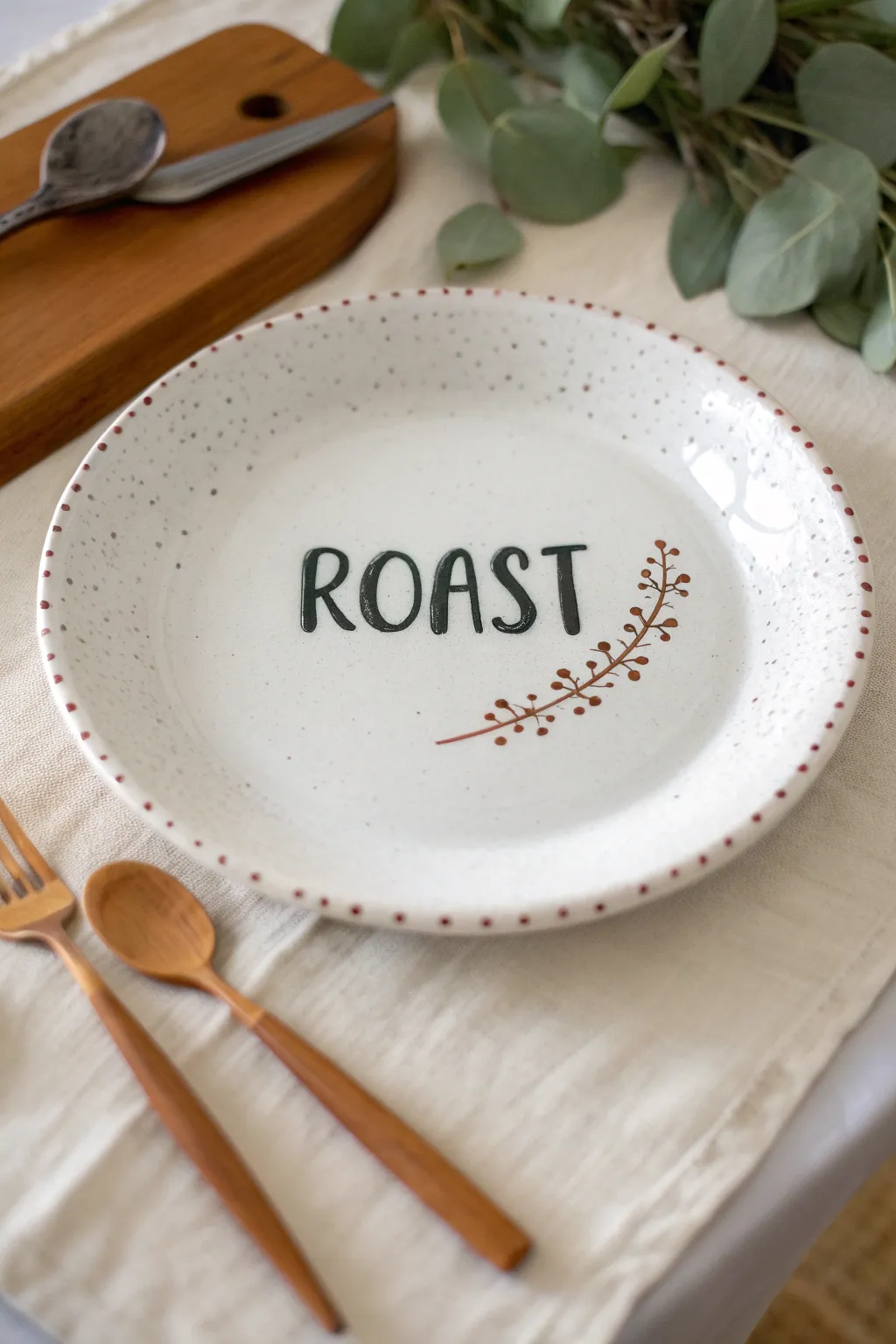 Cheeky roast plate with bold brush lettering, minimal border, and cozy Scandinavian table vibes.