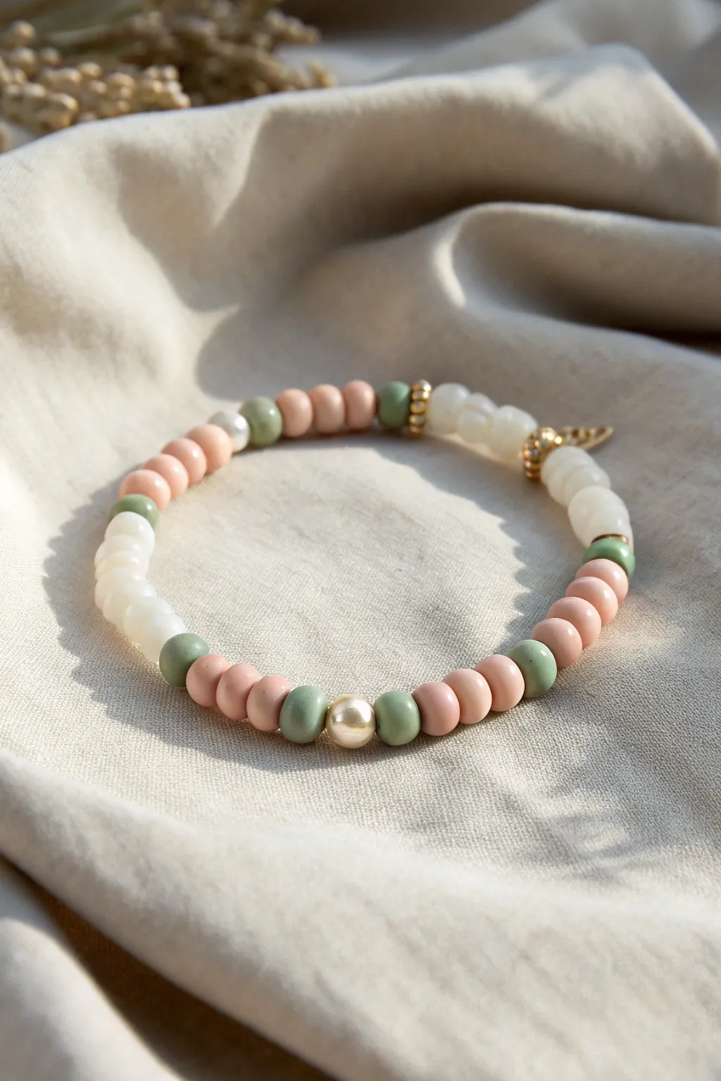 Pearl pop bracelet with matte clay beads, simple pattern and sweet pastel contrast.