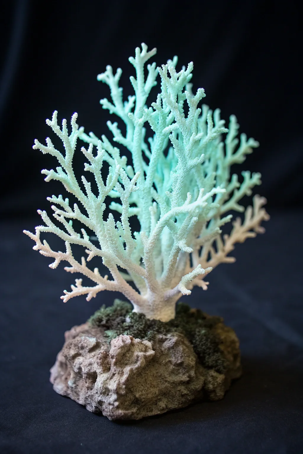 Day vs night glow: minimalist polymer clay sea plant sculpture with soft bioluminescent fronds