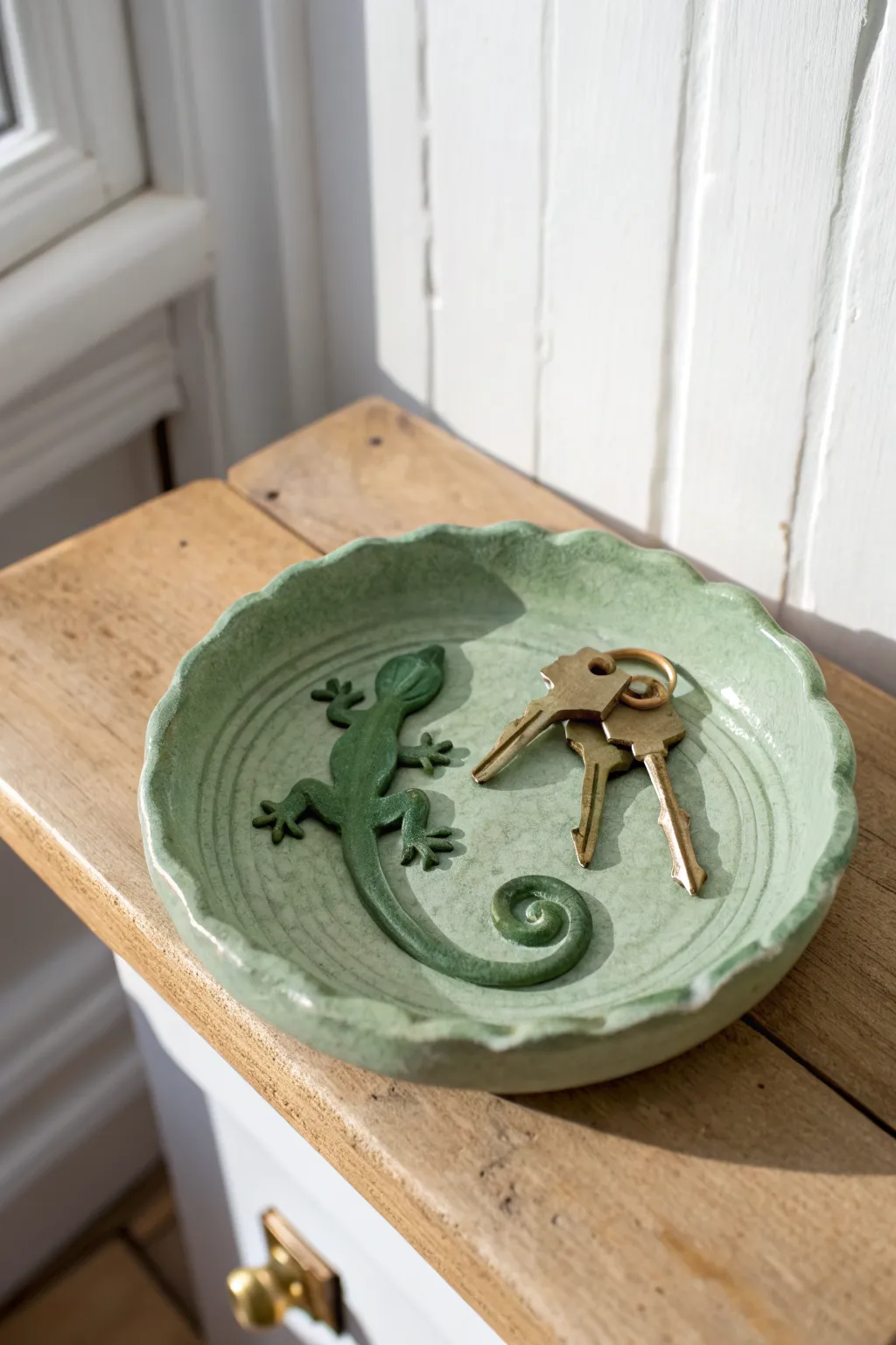 Green gecko key dish in air dry clay, minimal entryway styling with soft Nordic light.