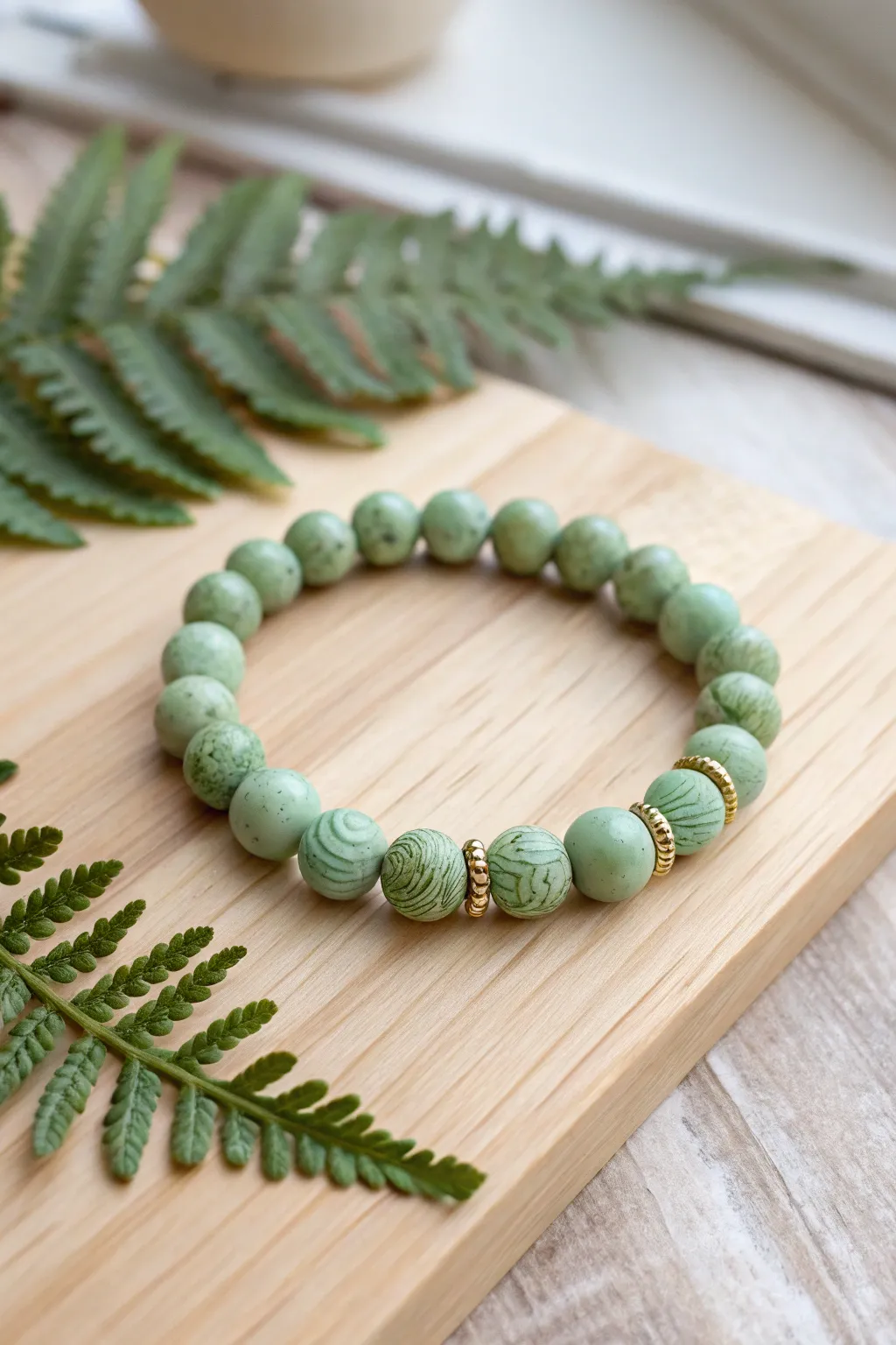 Leaf-imprint green clay beads meet simple heishi accents in a calm Scandinavian bracelet.