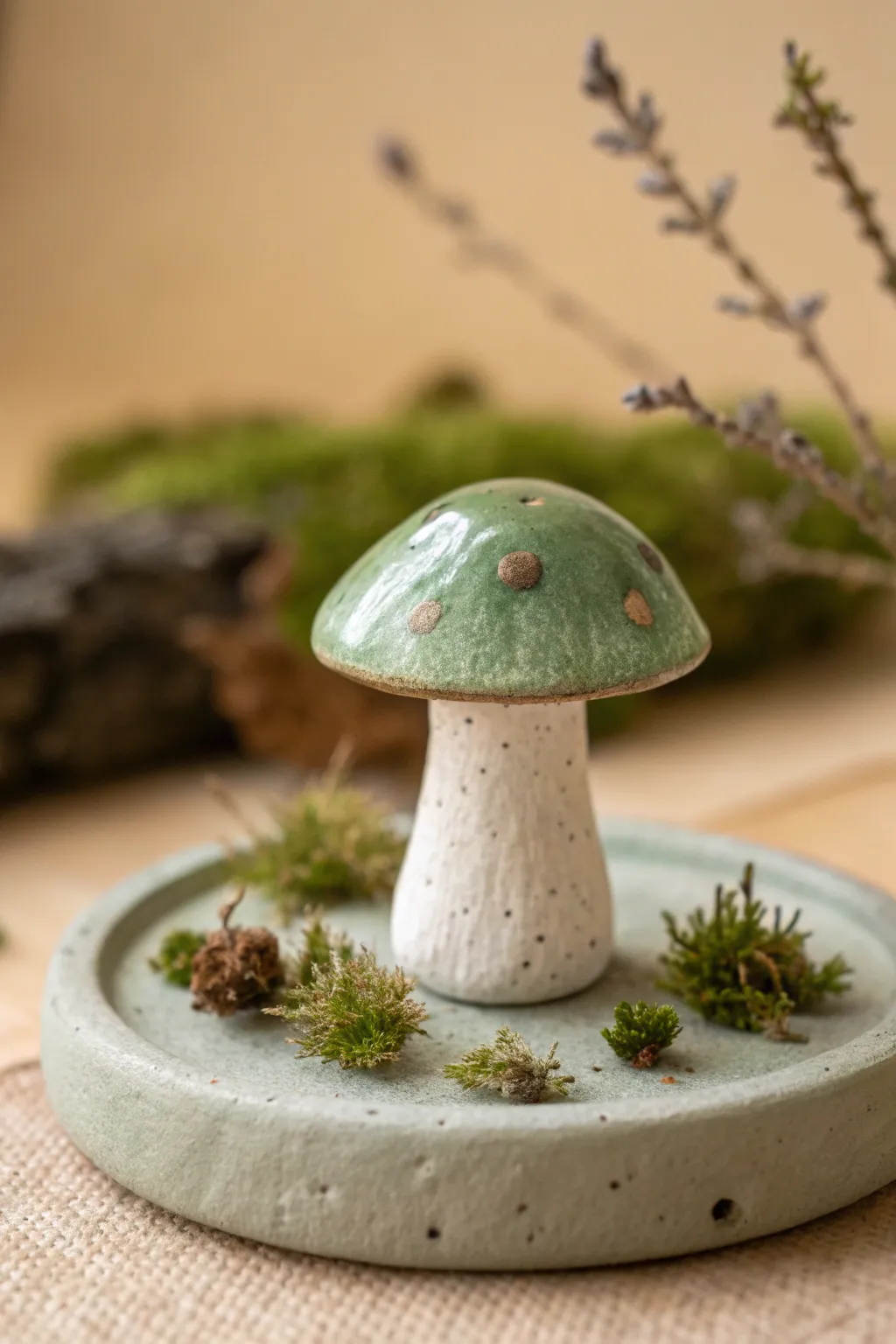 Minimal green clay mushroom with mossy spots, a calm forest-floor accent for your shelf