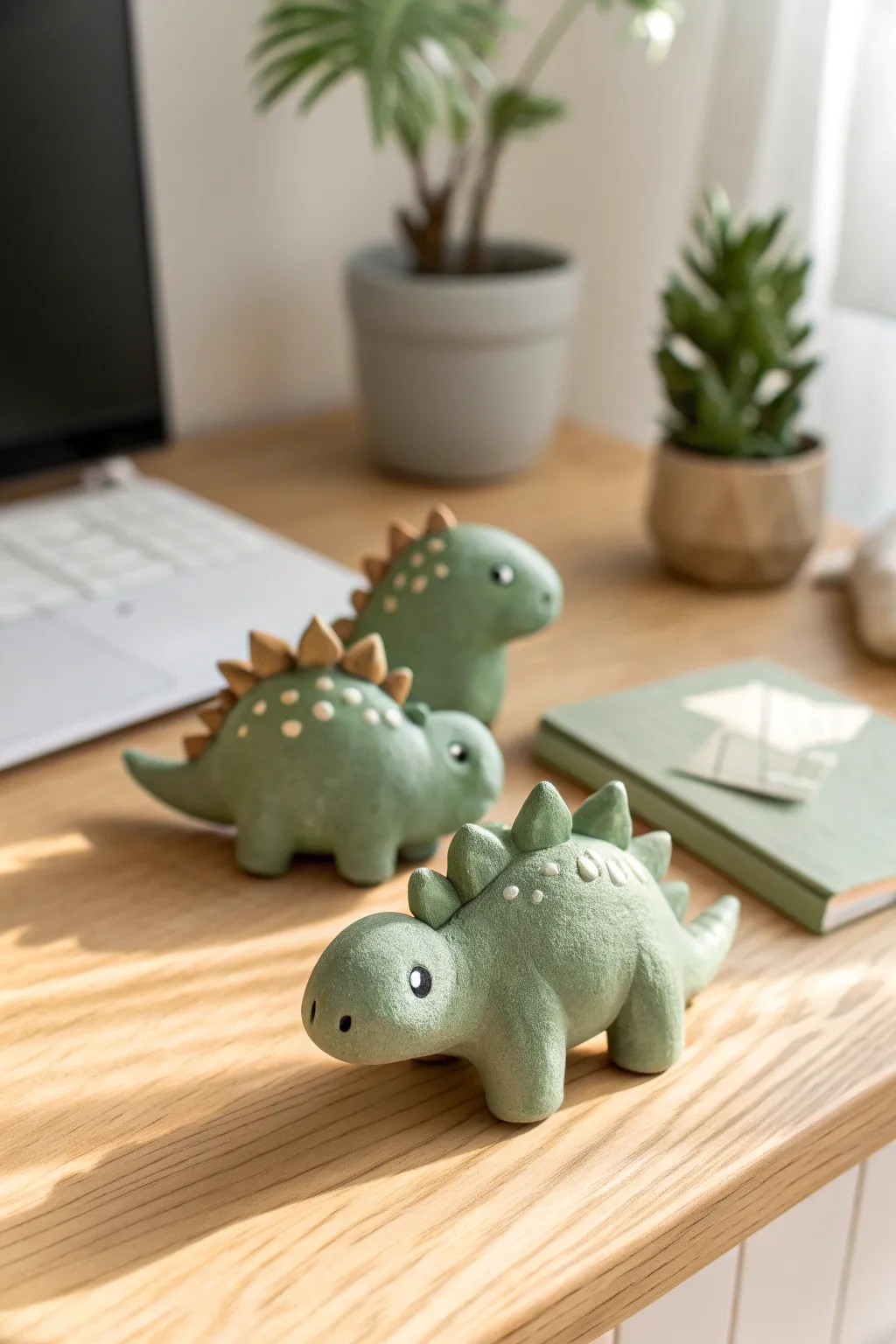 Sage green dino desk minis, chubby and friendly, the cutest calm guardians for your workspace.