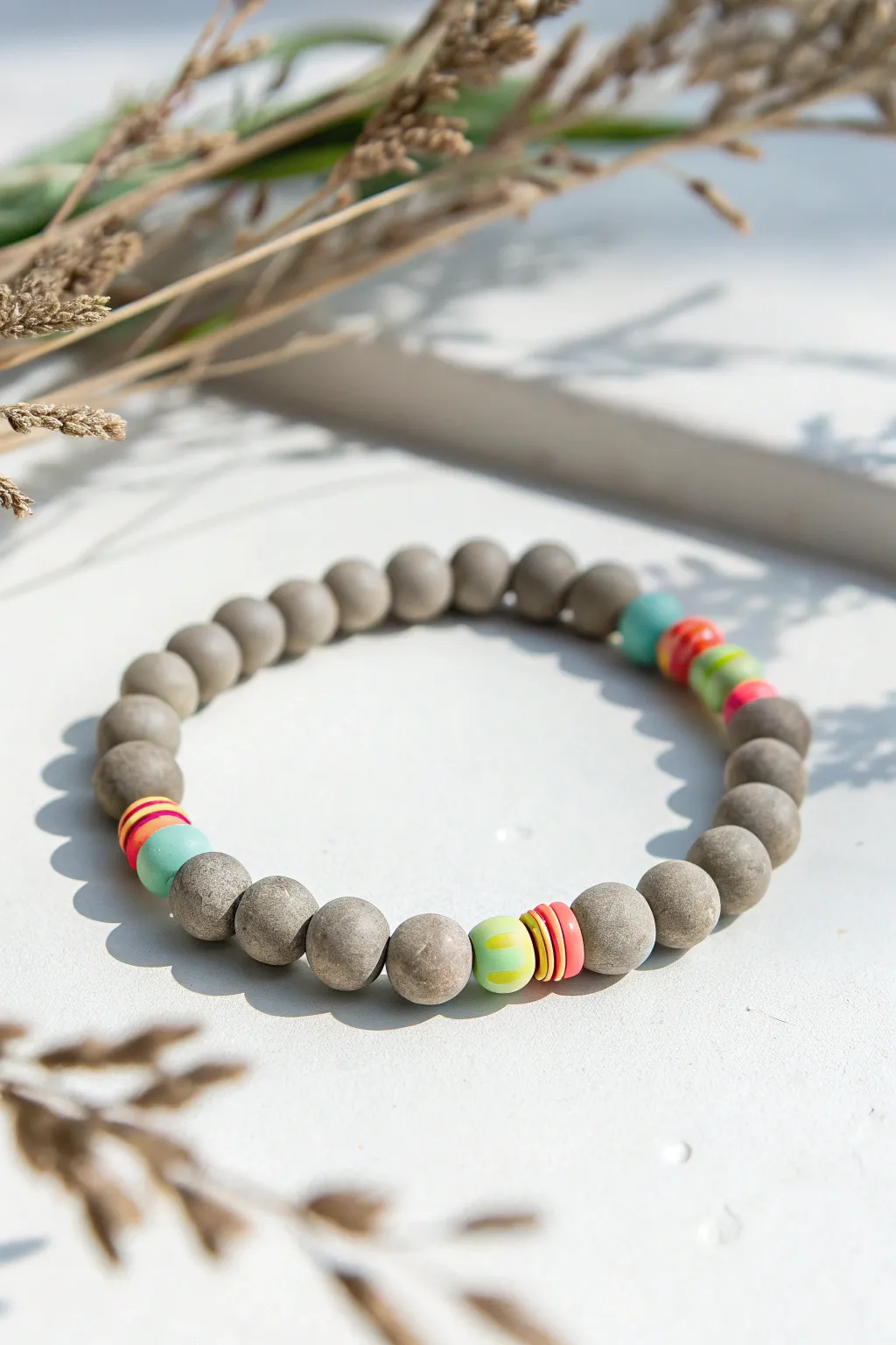 Grey clay bead bracelet with tiny neon pinstripes for a minimalist yet playful boho look