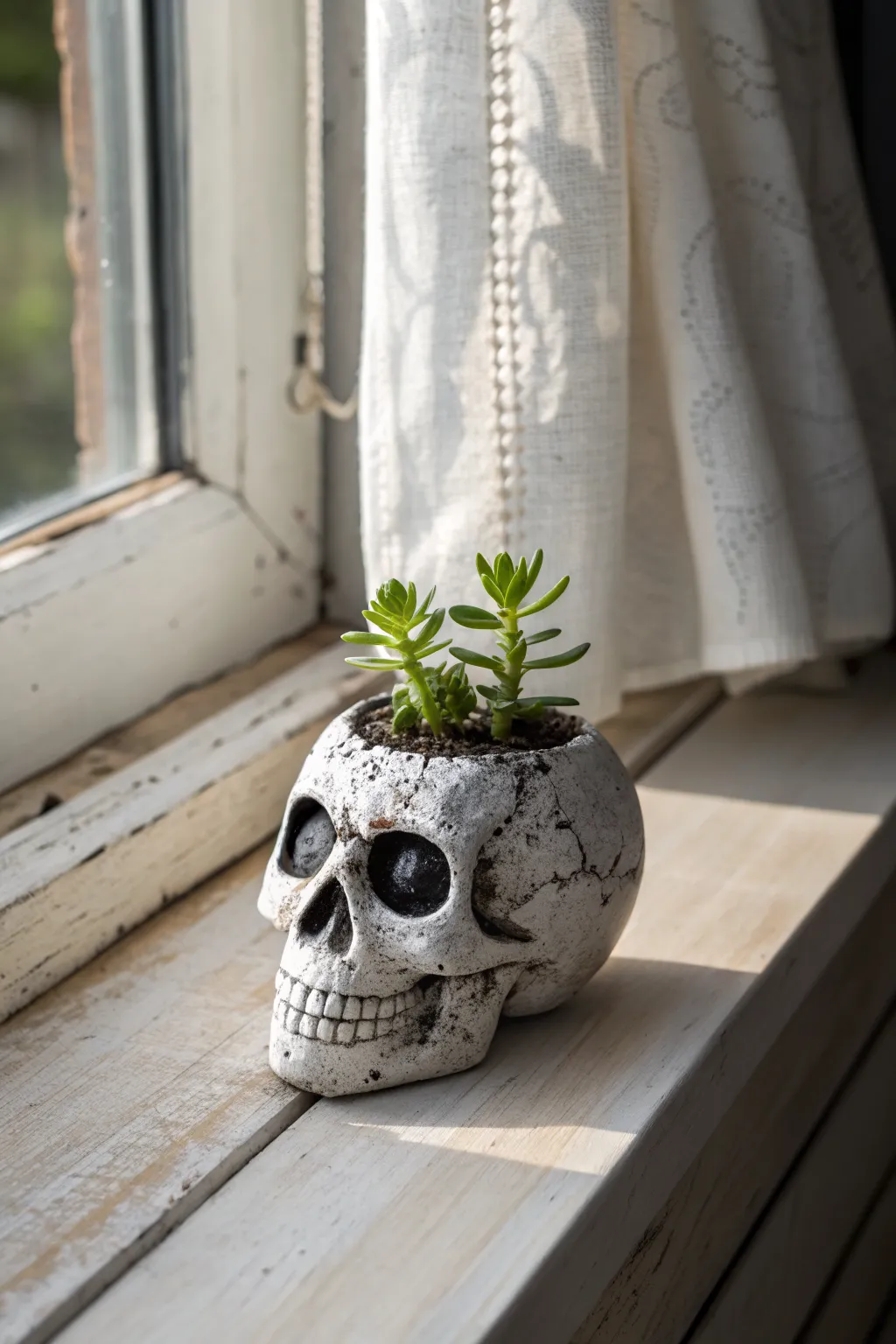Grungy skull mini planter with a hardy succulent, weathered clay texture for edgy boho minimal decor.