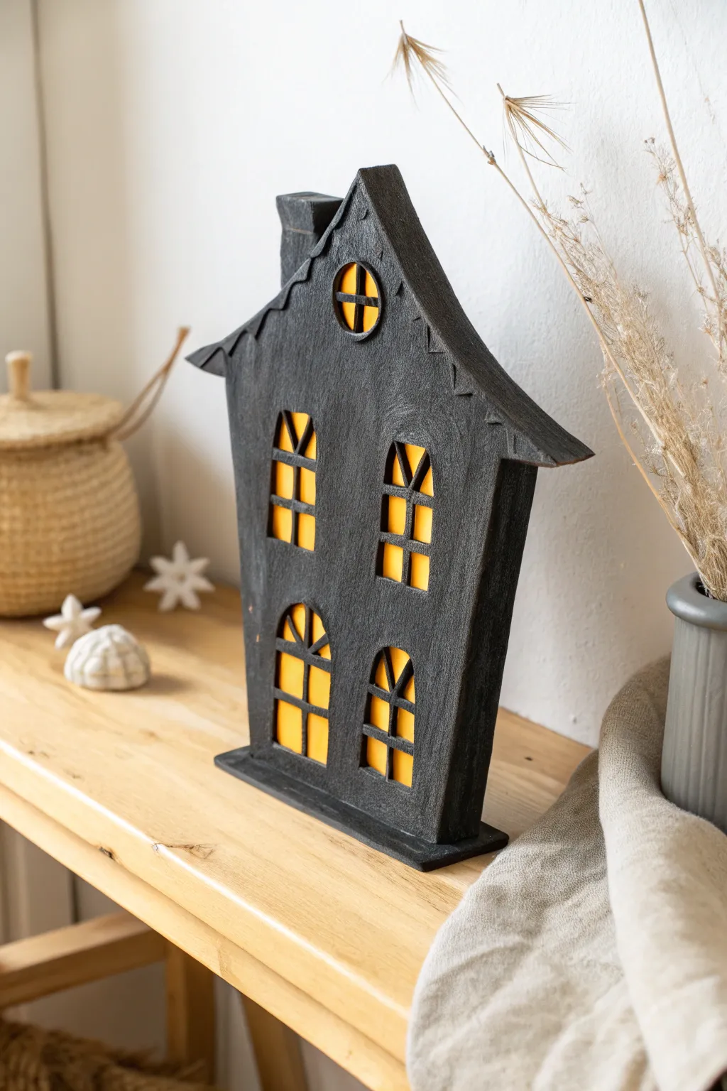 Wonky haunted house clay plaque with glowing windows, a simple kid friendly Halloween decor idea