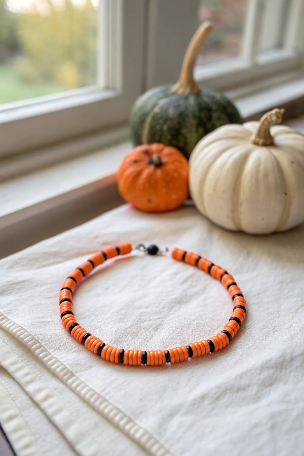Monochrome orange clay bead bracelet with tiny black pops, cozy Halloween minimal style.