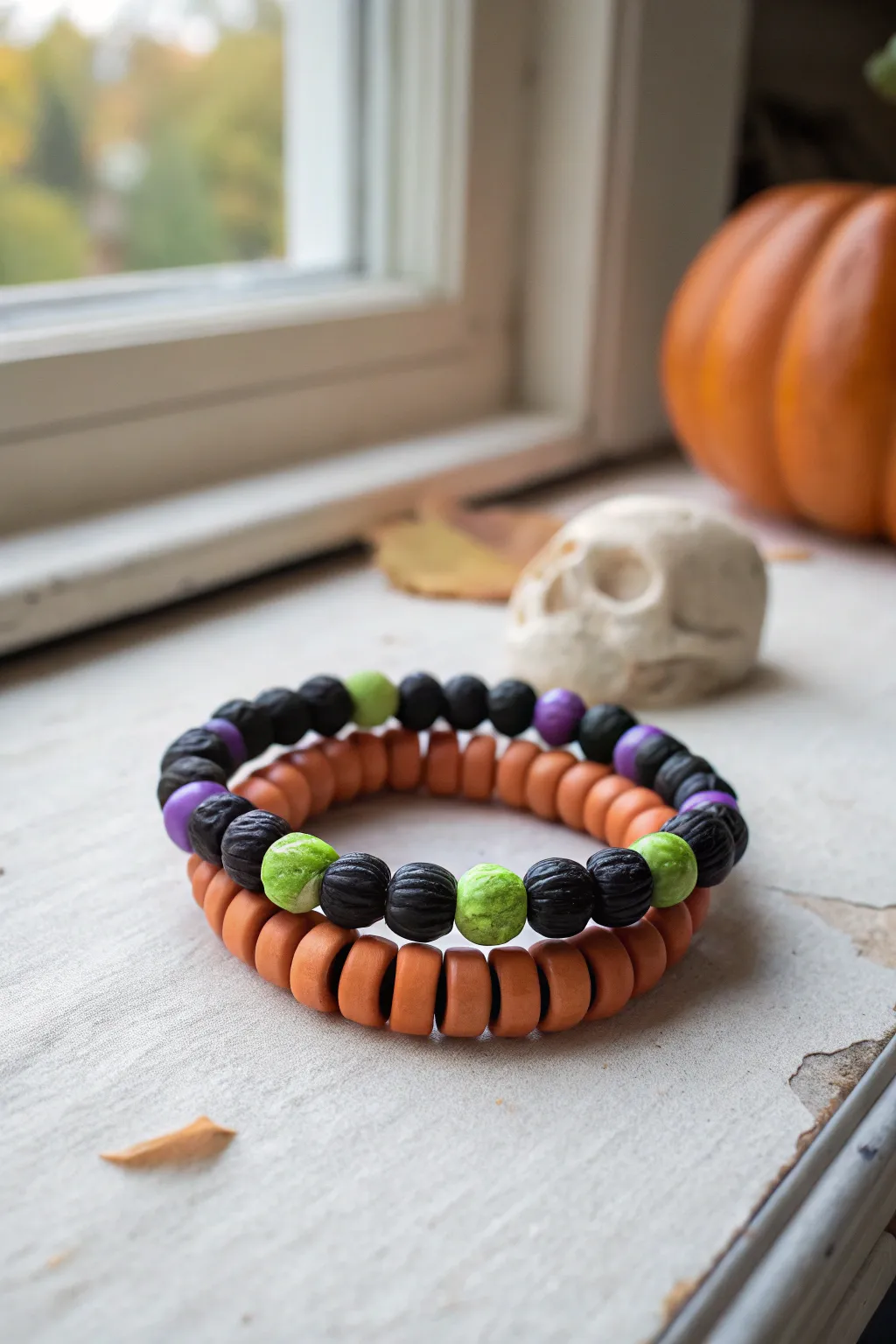 Halloween clay bead bracelet with lime green slime accents in a minimalist boho stack.