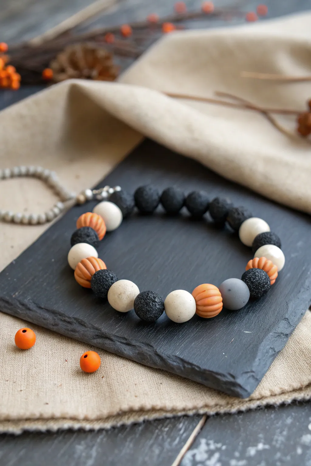 Haunted house neutrals: minimalist clay bead bracelet with a subtle pop of pumpkin orange.