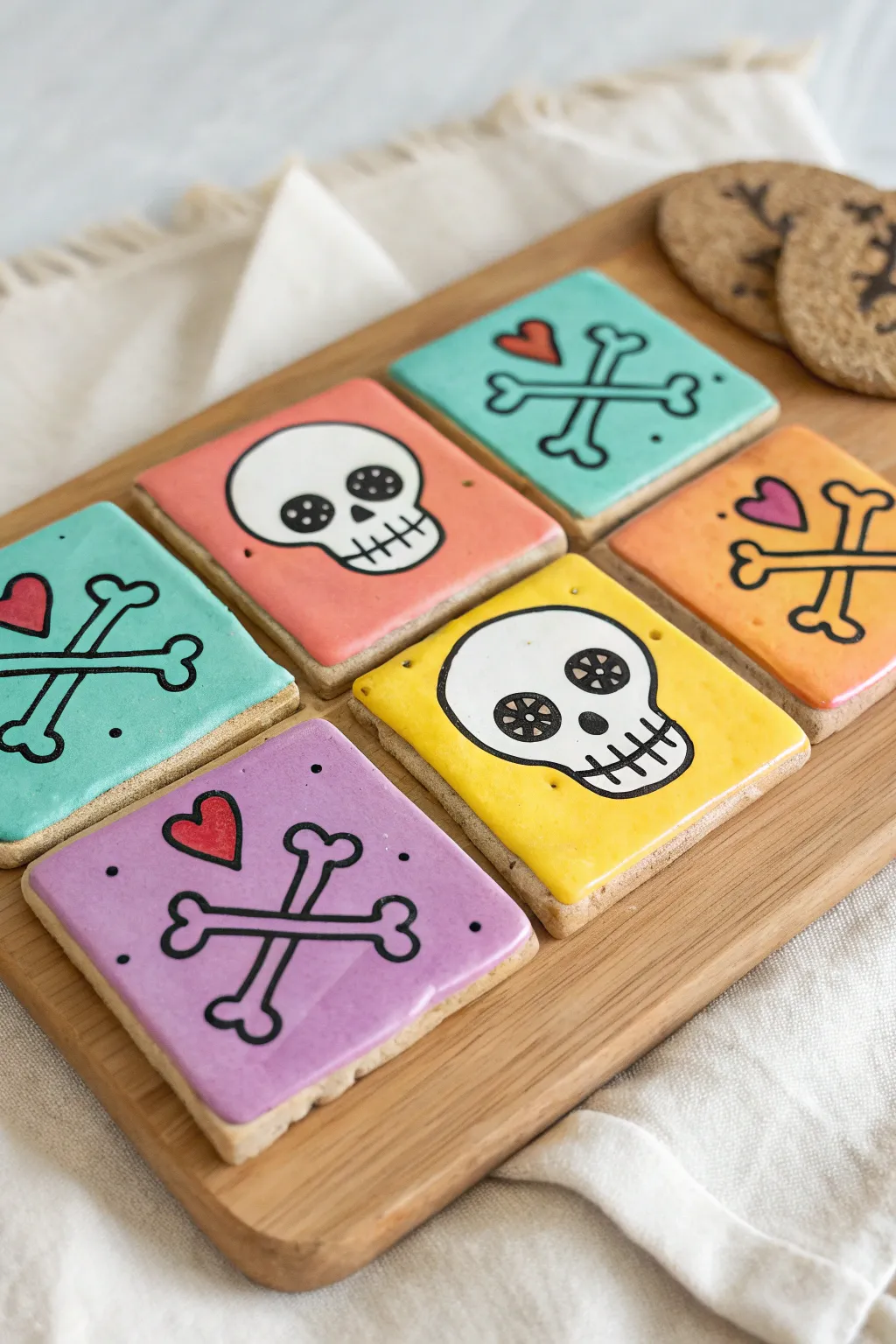 Colorful skeleton bone tiles in a cute matching set, a simple Halloween clay project for kids