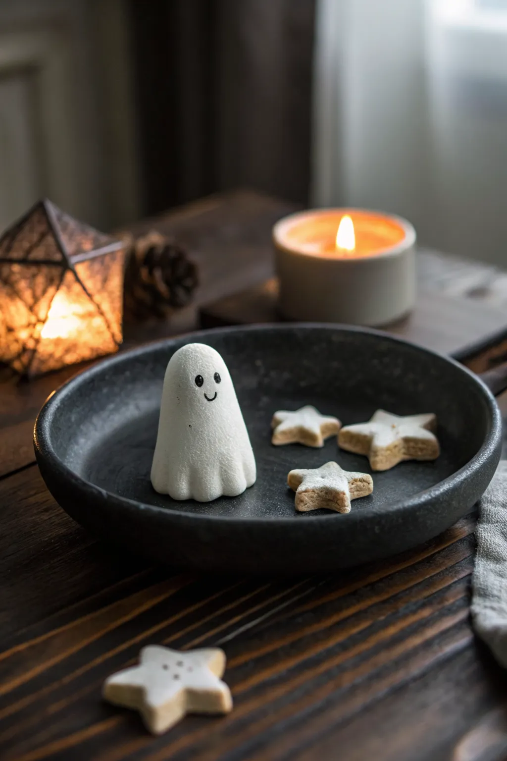 Soft-glow ghost charm with tiny stars, minimalist Halloween clay idea in a cozy moody scene.