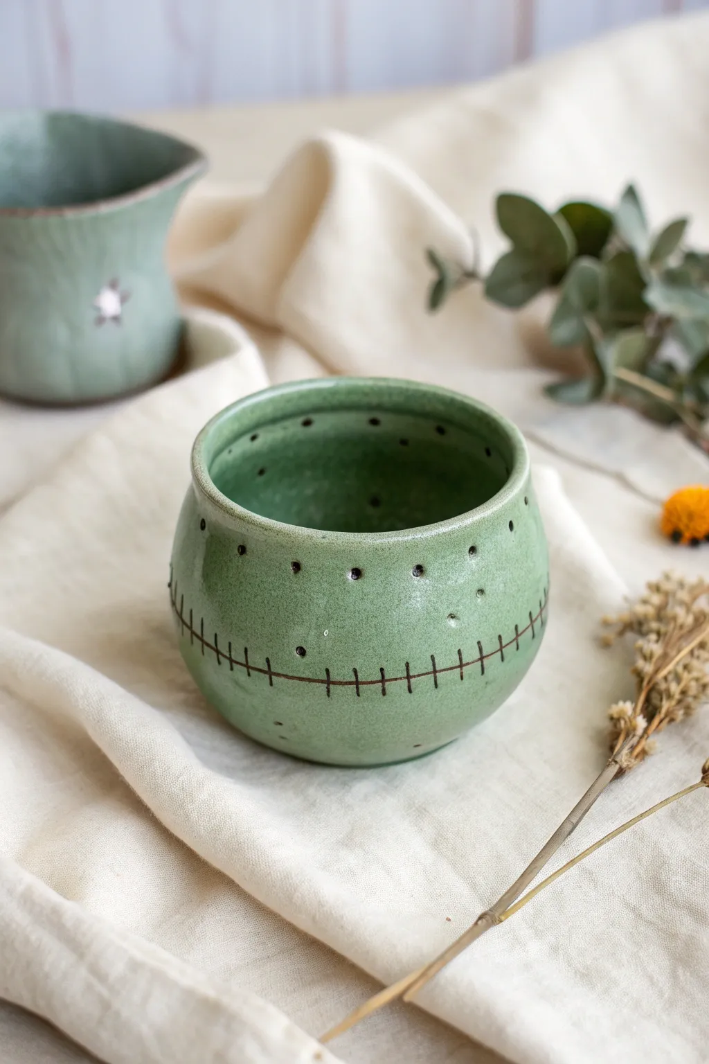 Cute Franken-critter pinch pot in spooky green with simple stitches and bolts, perfect for Halloween.