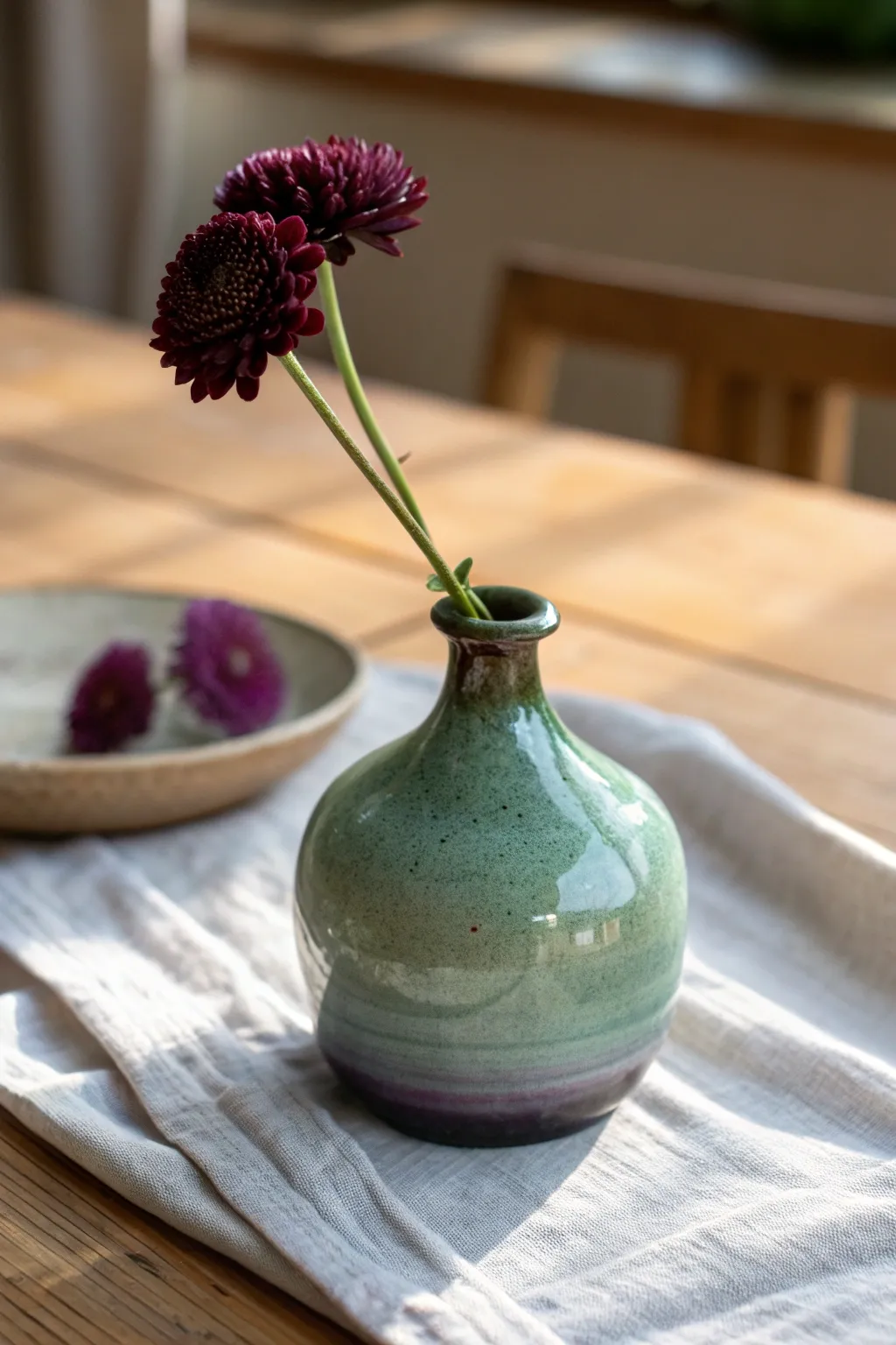 Minimalist Halloween potion bottle bud vase in smoky glaze, styled with a single stem.